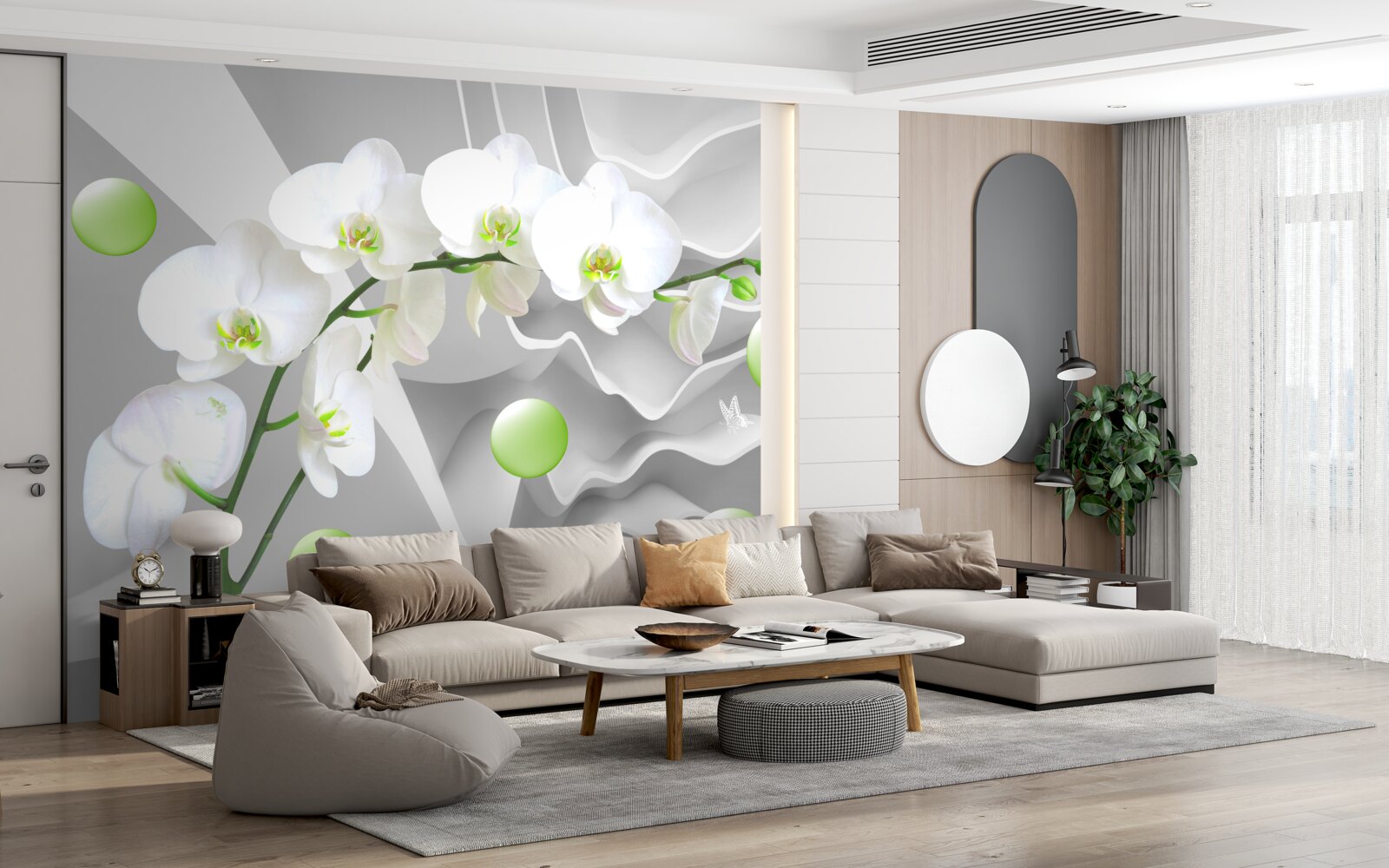 Fototapet bile verzi plutitoare în secret și orhidee palide