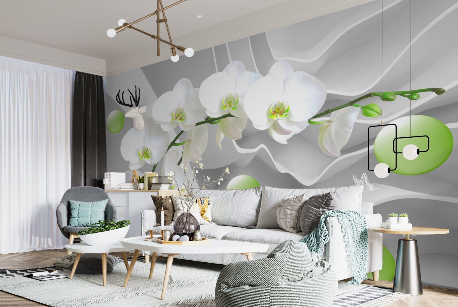 Fototapet bile verzi plutitoare în secret și orhidee palide