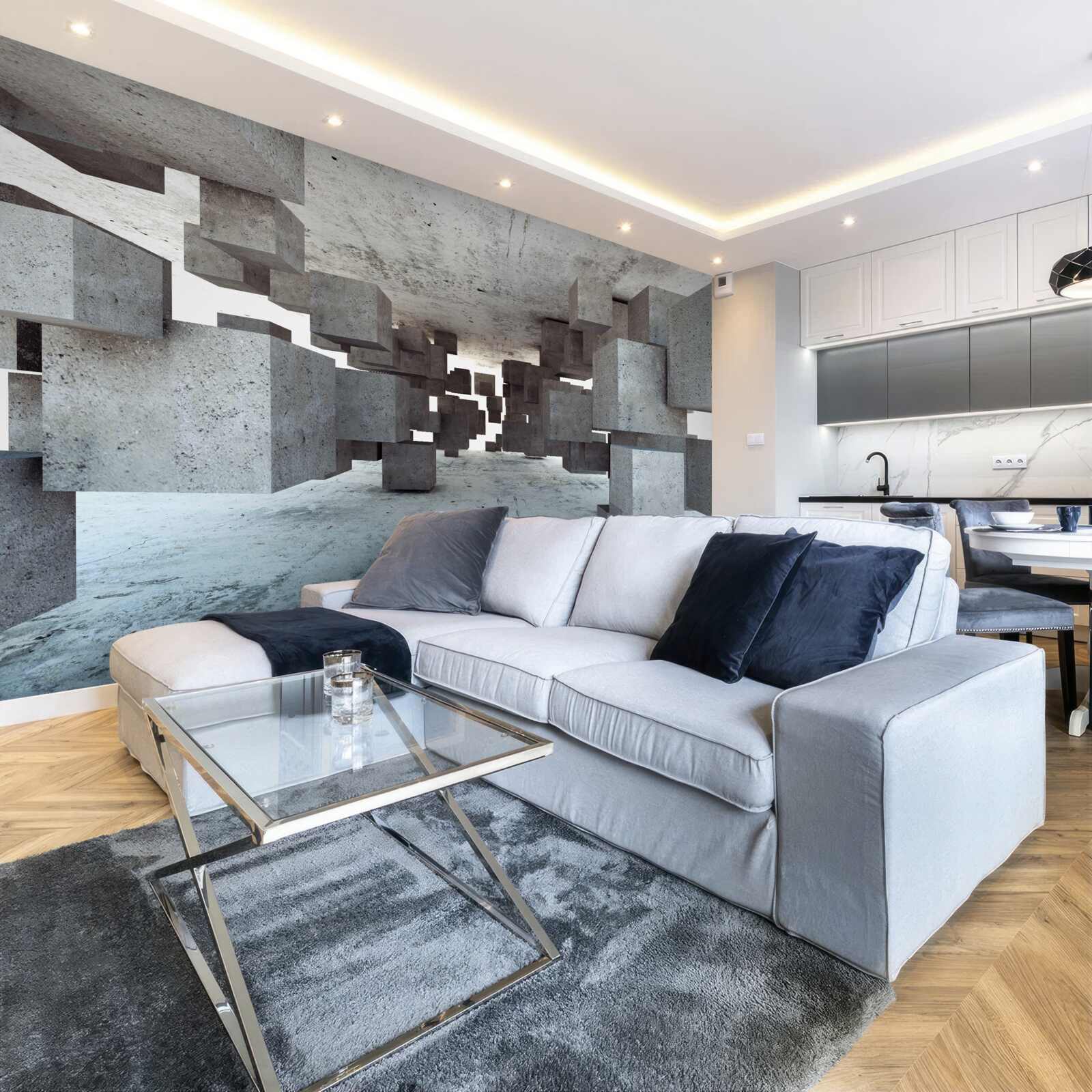 Fototapet cuburile gri levitează ușor în tunel, îndepărtându-se în depărtare