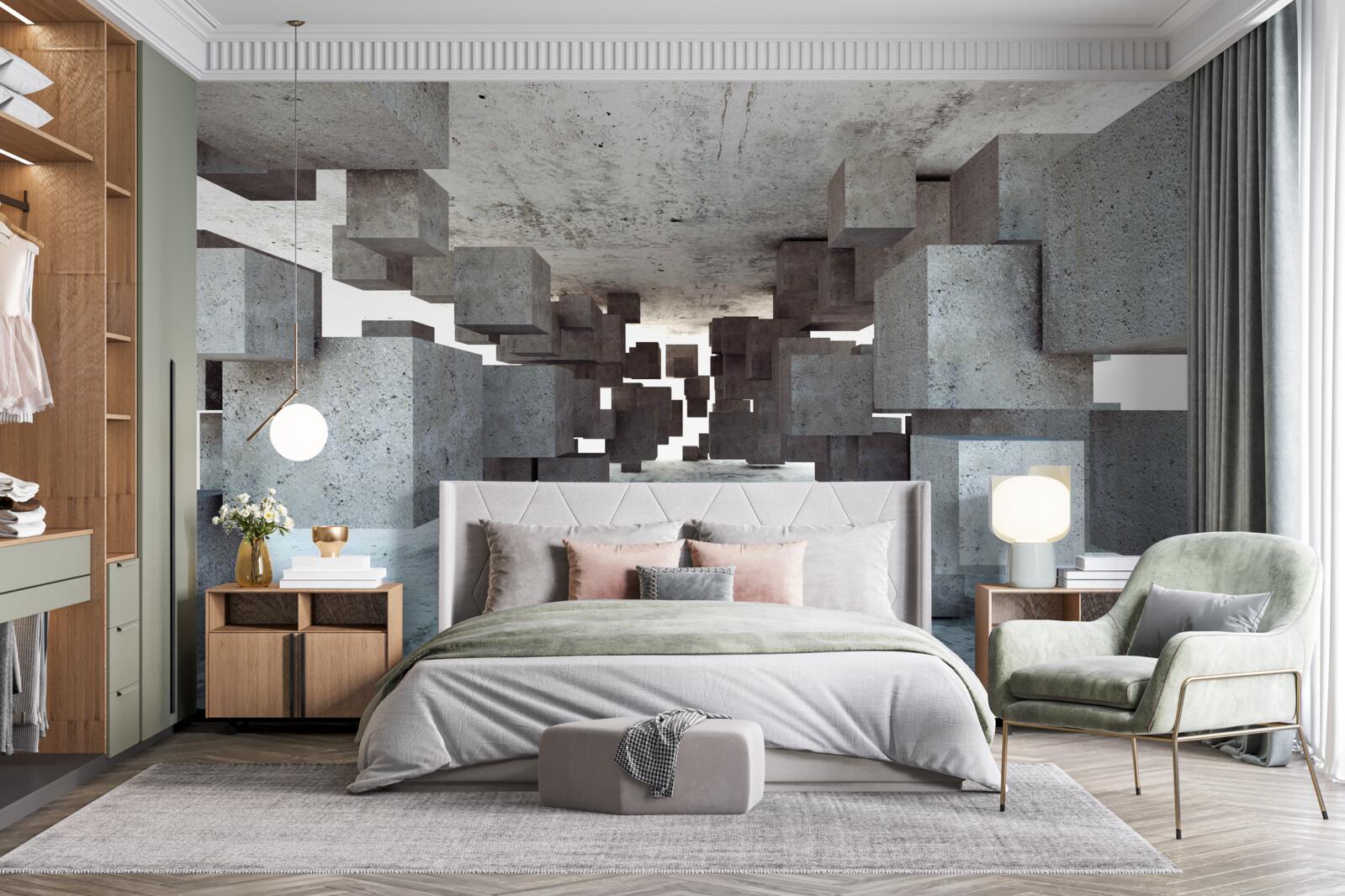 Fototapet cuburile gri levitează ușor în tunel, îndepărtându-se în depărtare