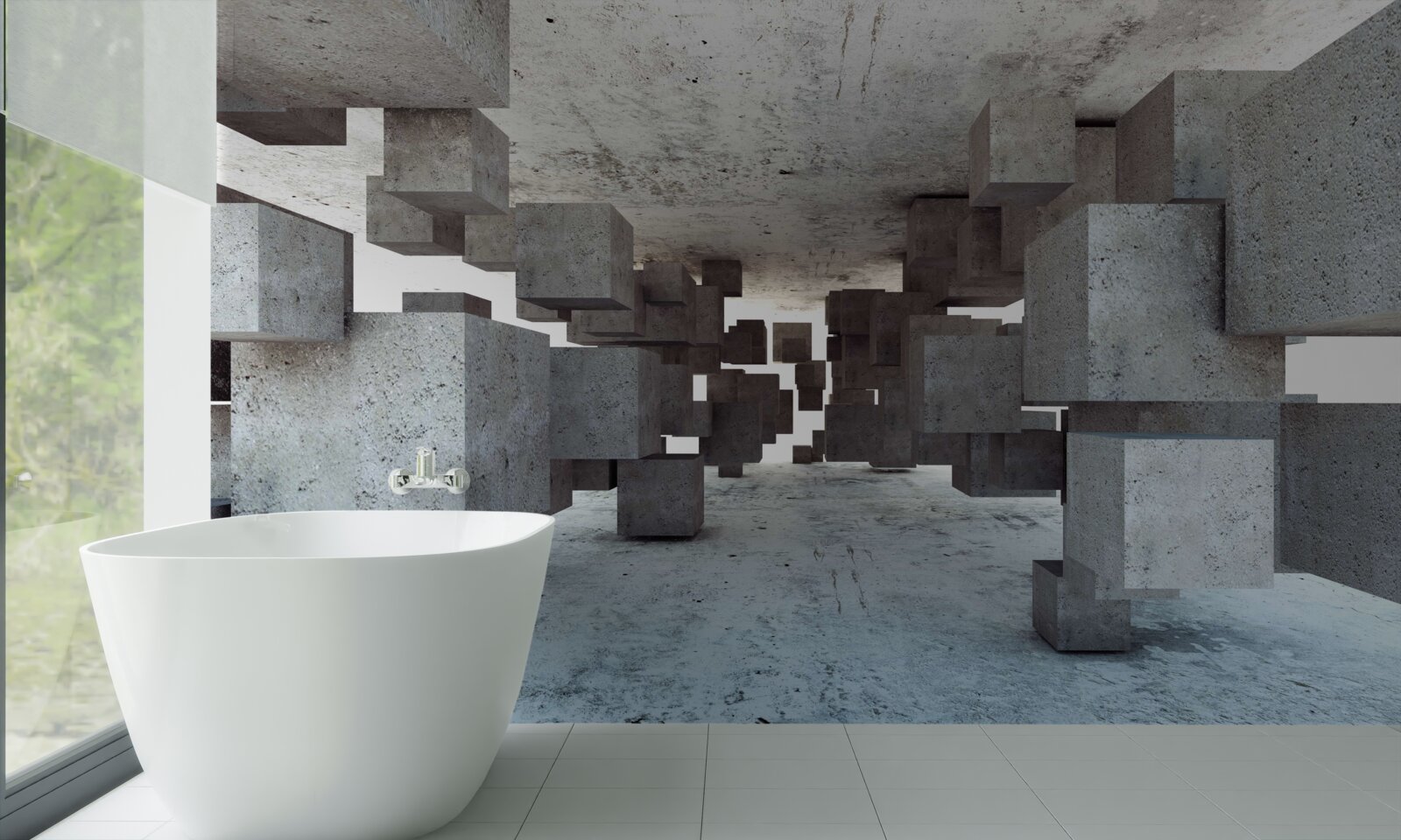 Fototapet cuburile gri levitează ușor în tunel, îndepărtându-se în depărtare