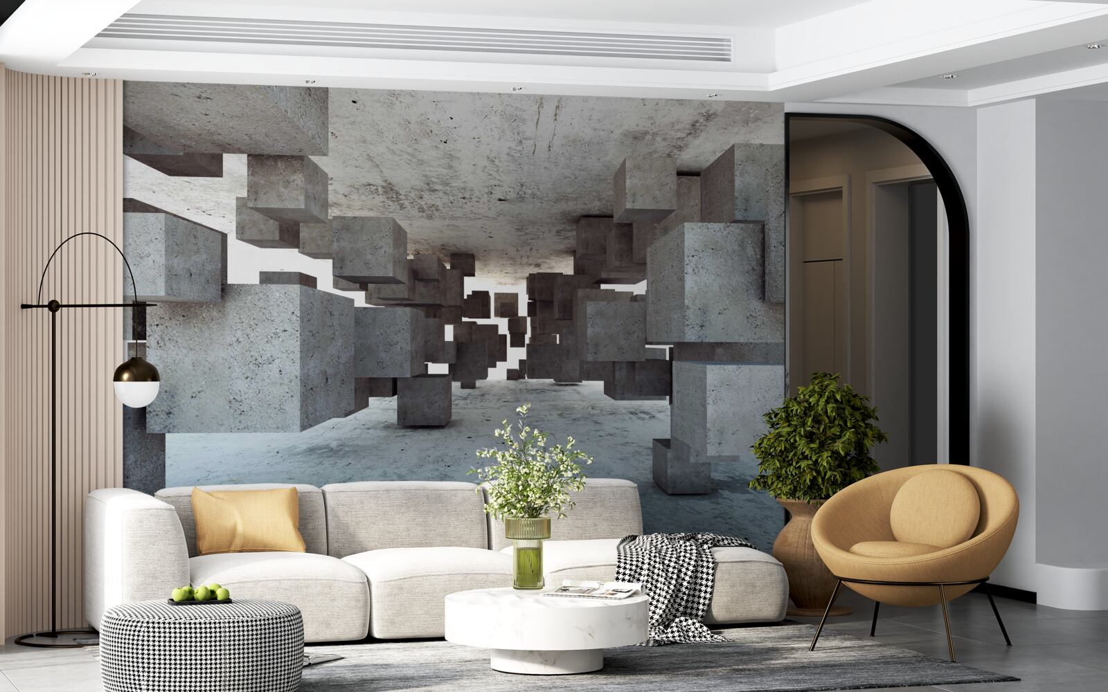 Fototapet cuburile gri levitează ușor în tunel, îndepărtându-se în depărtare