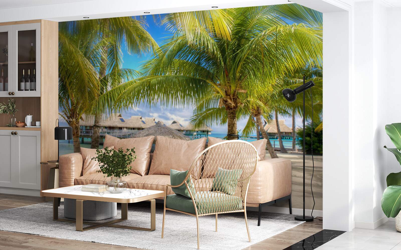 Fototapet palmieri luxurianți și pavilioane de-a lungul țărmului
