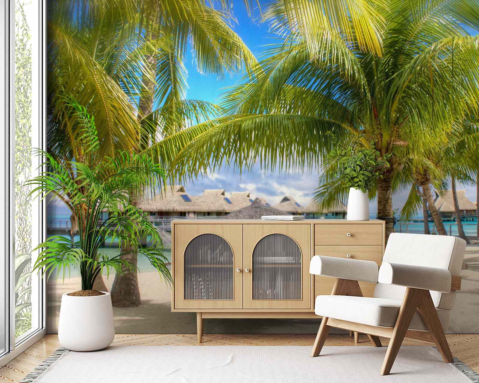 Fototapet palmieri luxurianți și pavilioane de-a lungul țărmului