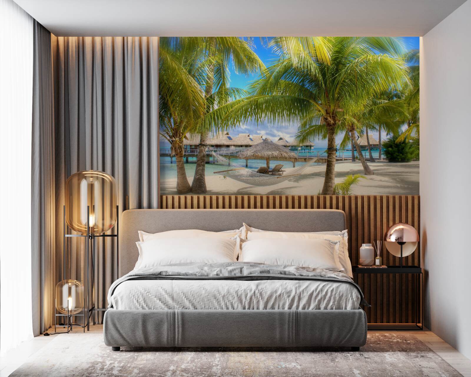 Fototapet palmieri luxurianți și pavilioane de-a lungul țărmului