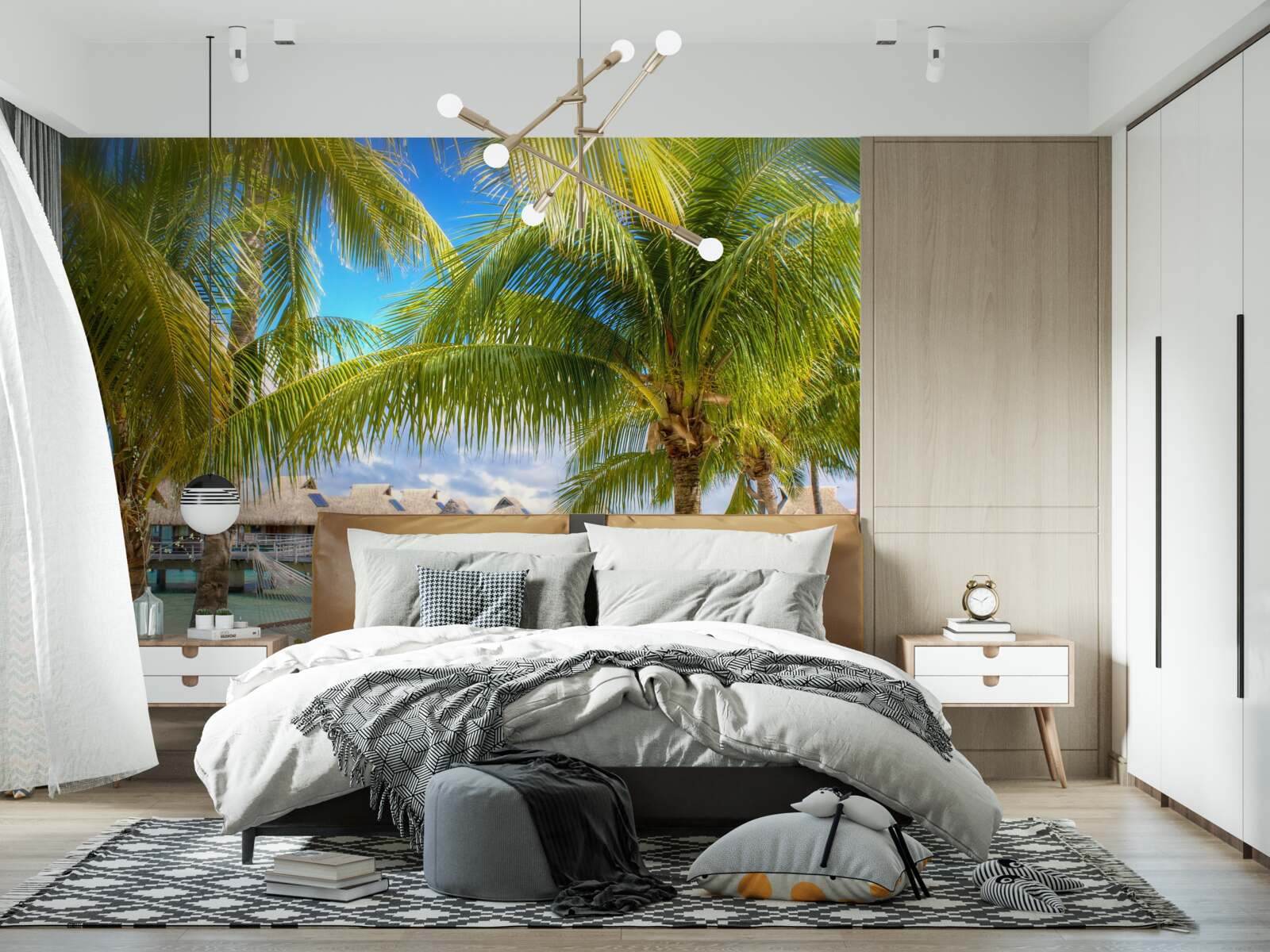 Fototapet palmieri luxurianți și pavilioane de-a lungul țărmului