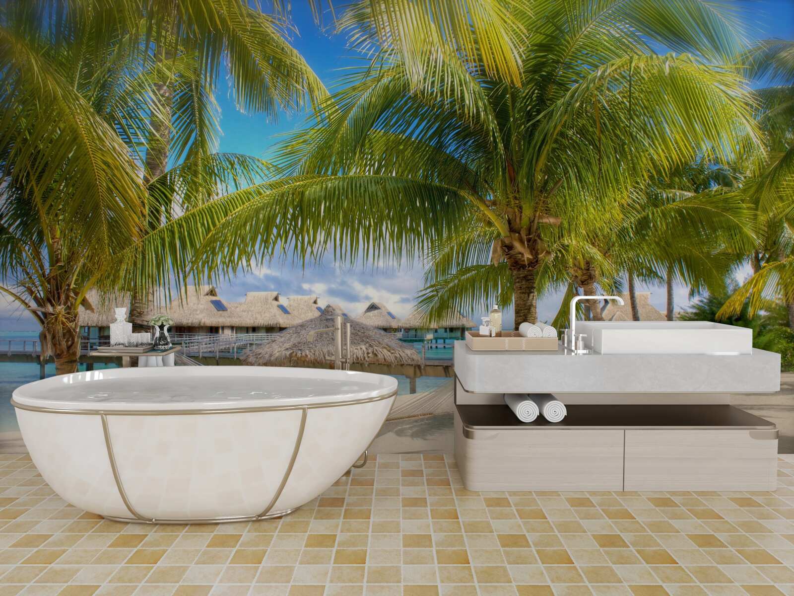 Fototapet palmieri luxurianți și pavilioane de-a lungul țărmului