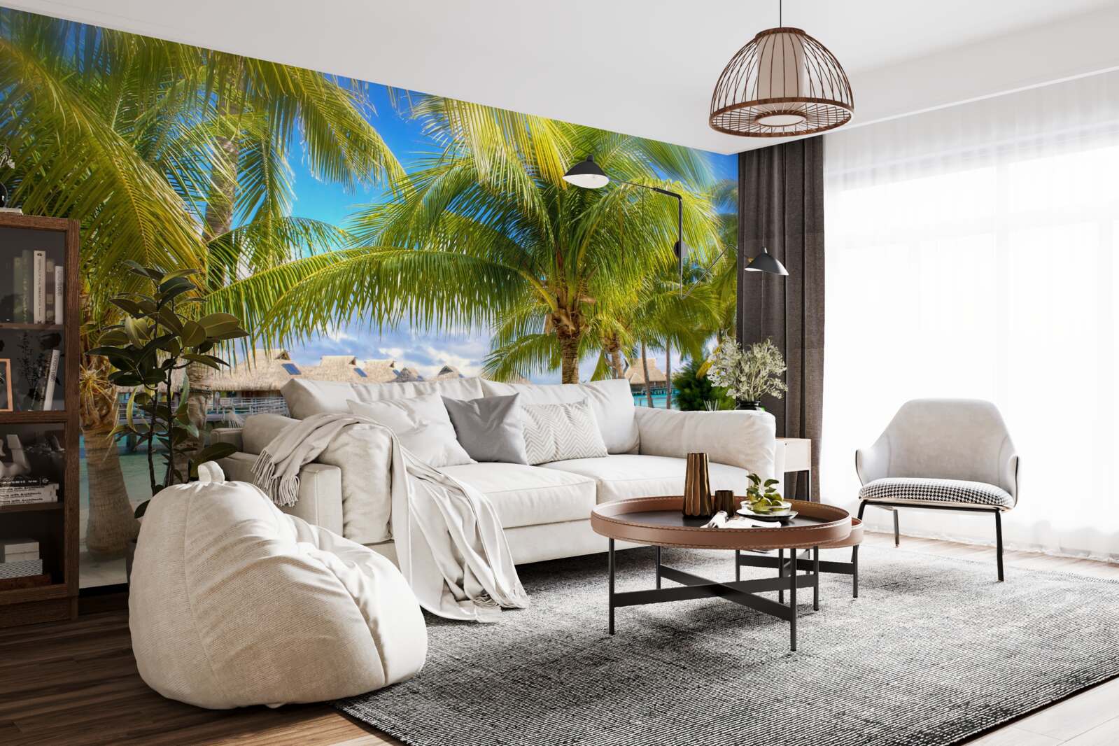 Fototapet palmieri luxurianți și pavilioane de-a lungul țărmului