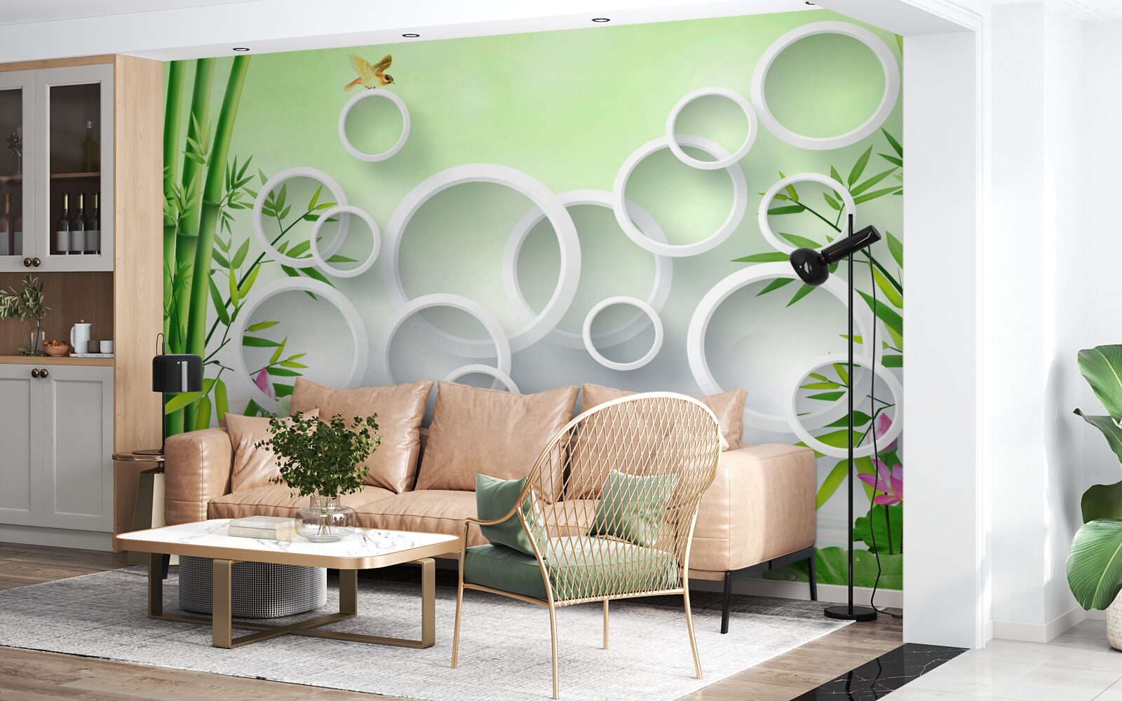 Fototapet bambus verde subțire și cercuri albe