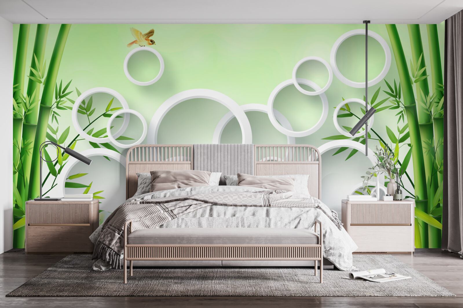 Fototapet bambus verde subțire și cercuri albe