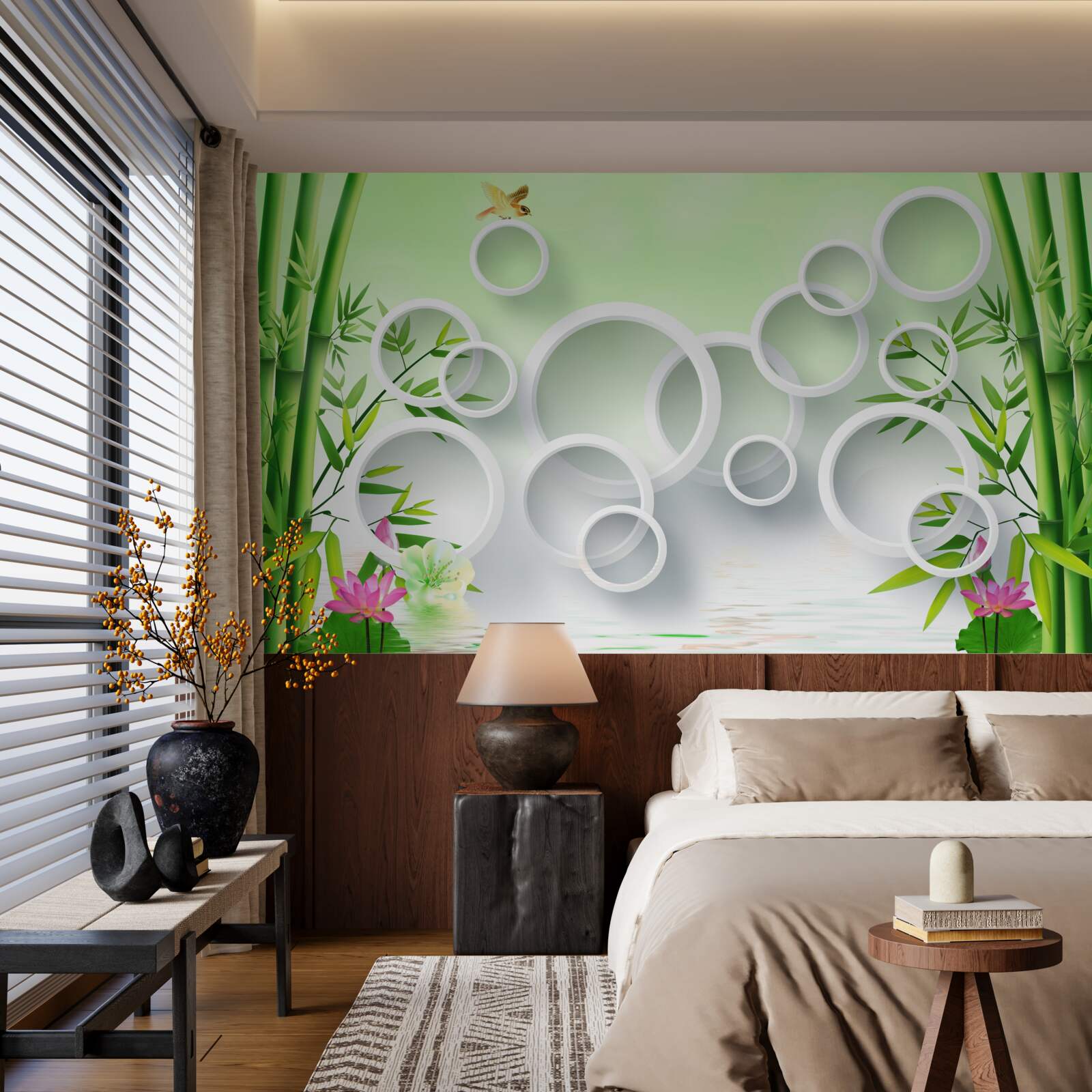 Fototapet bambus verde subțire și cercuri albe