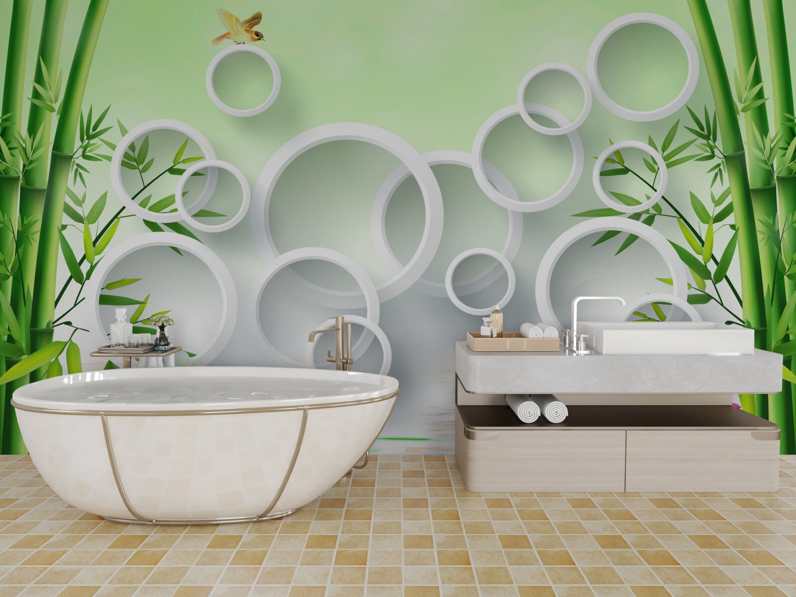 Fototapet bambus verde subțire și cercuri albe