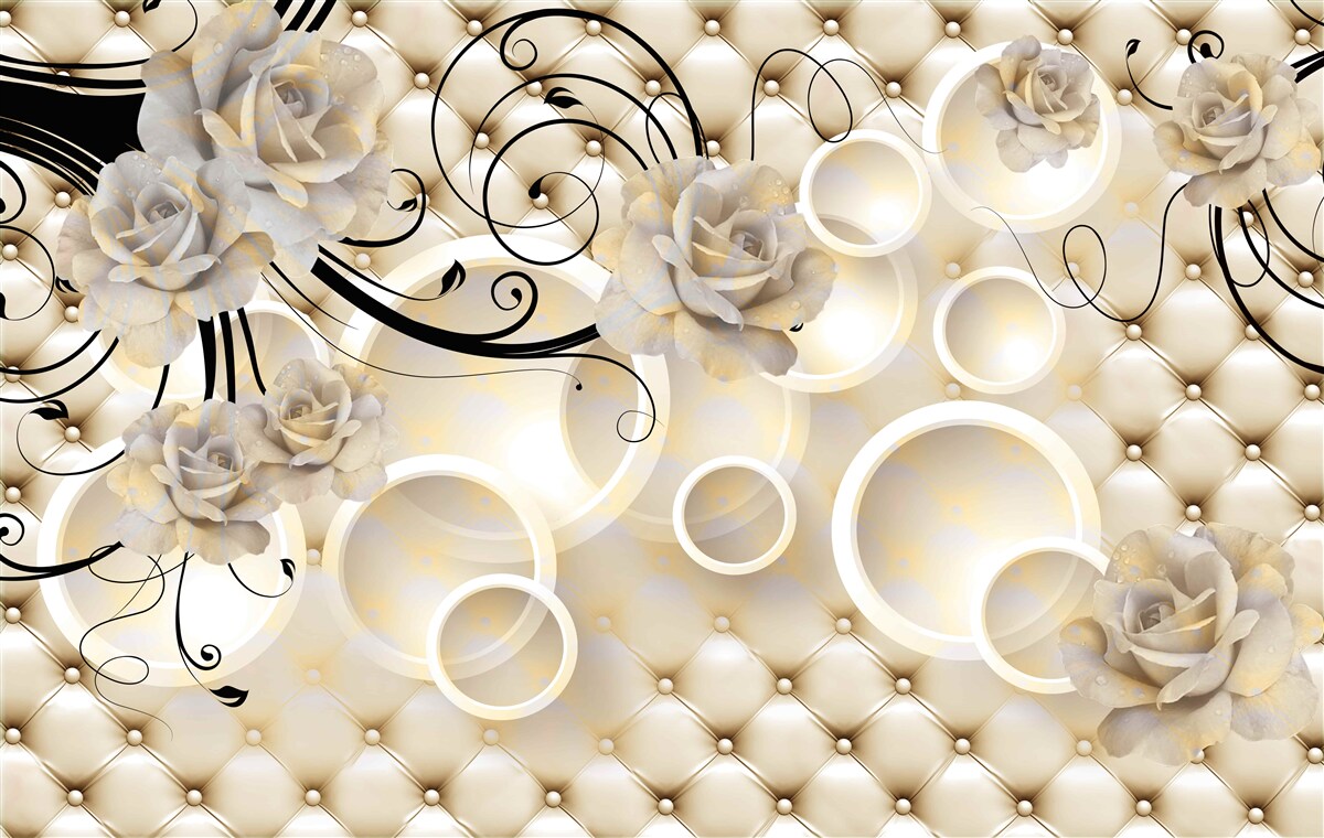 Fototapet cercuri abstracte și țesături cu motive florale