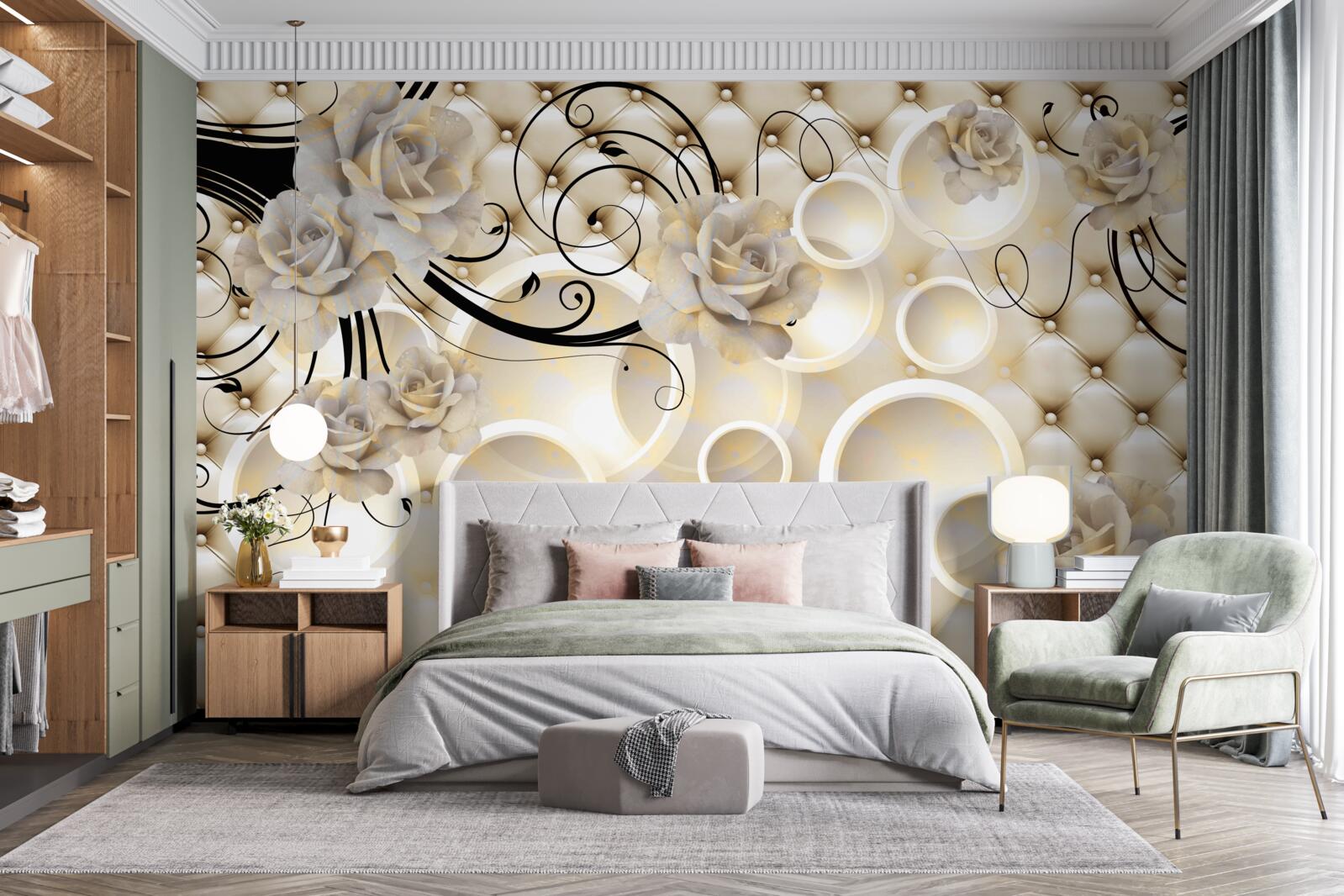 Fototapet cercuri abstracte și țesături cu motive florale