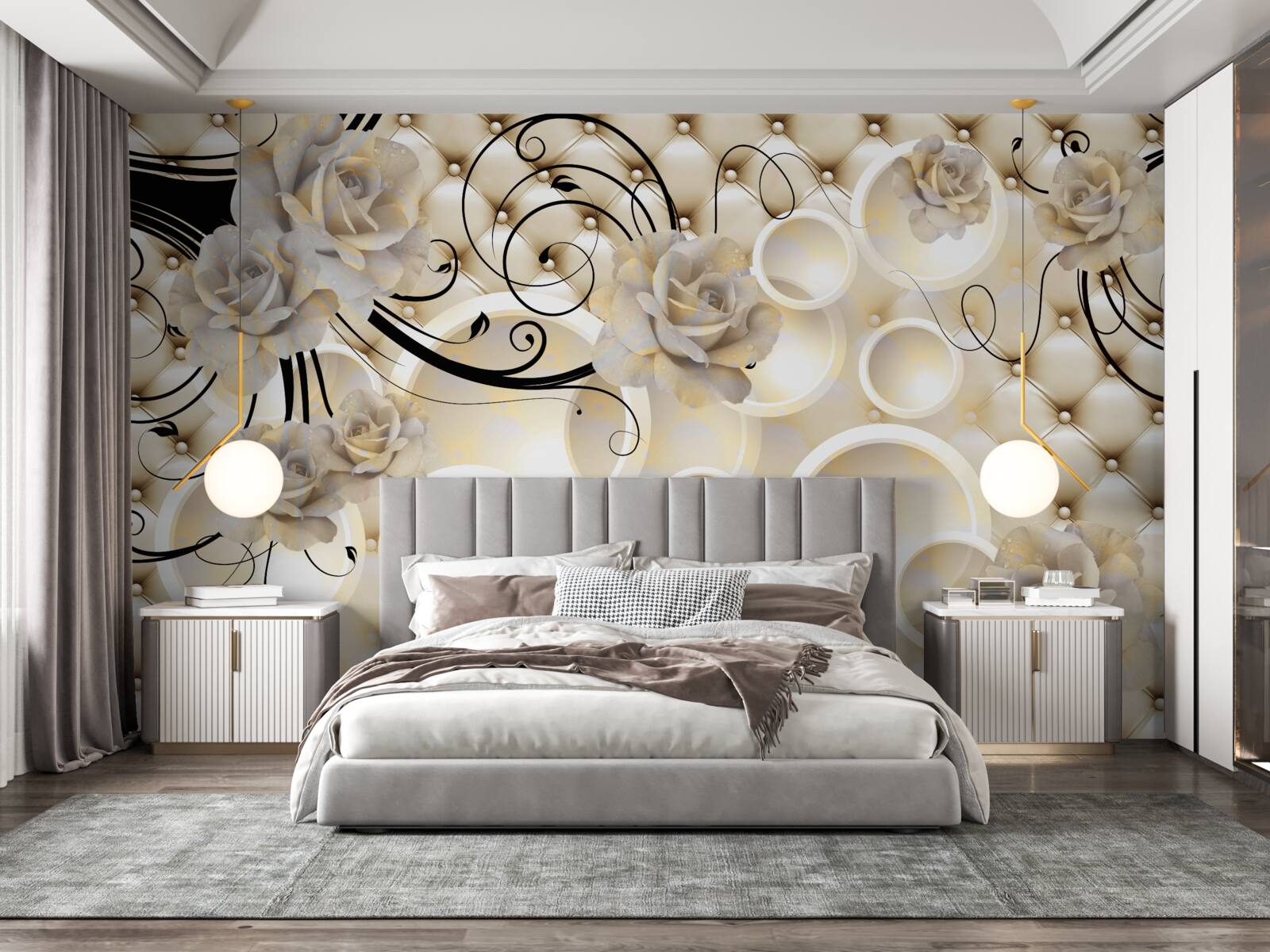 Fototapet cercuri abstracte și țesături cu motive florale