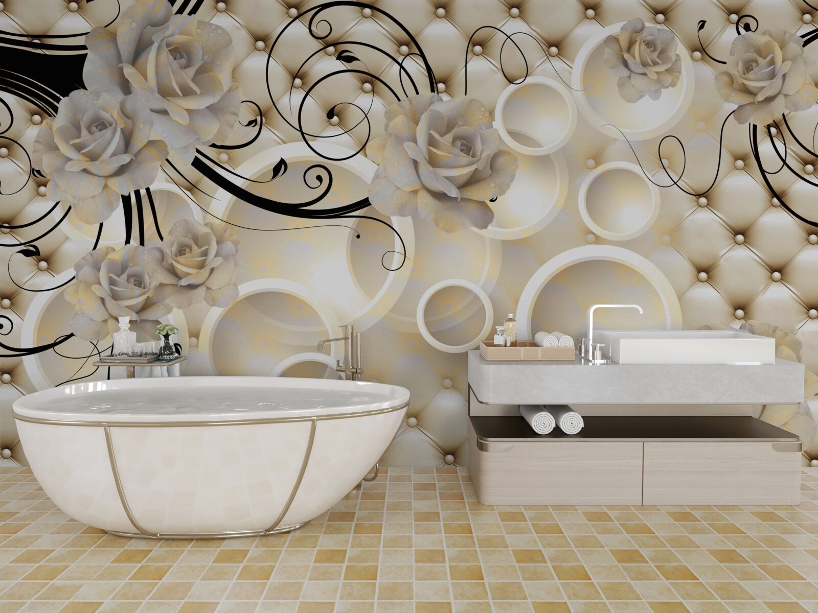 Fototapet cercuri abstracte și țesături cu motive florale