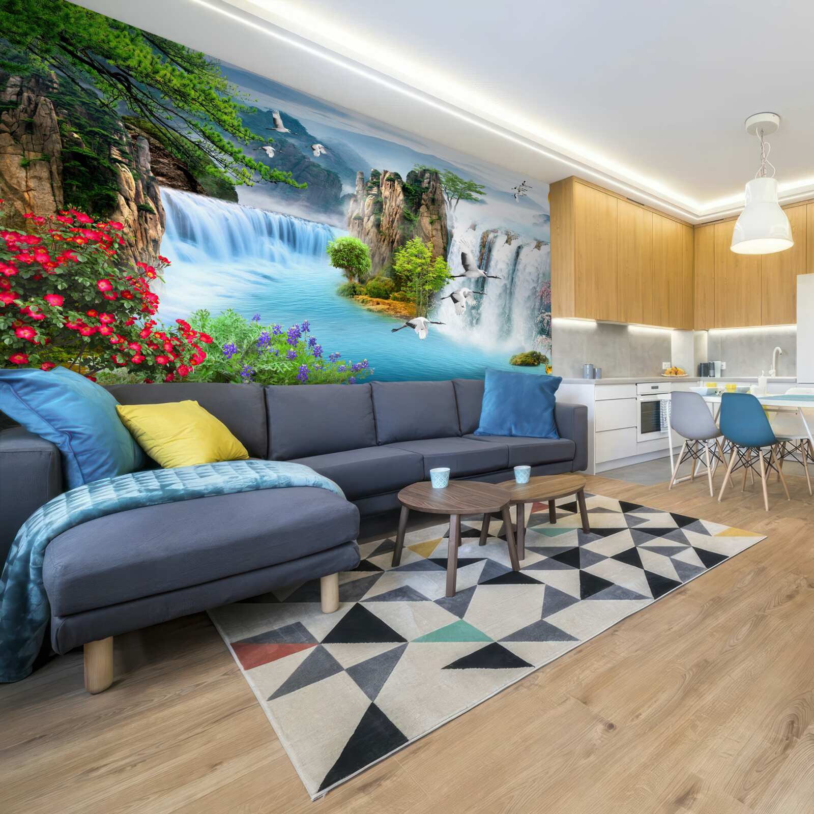 Fototapet pe un fundal verde, apusul de soare luminează frumoasele cascade