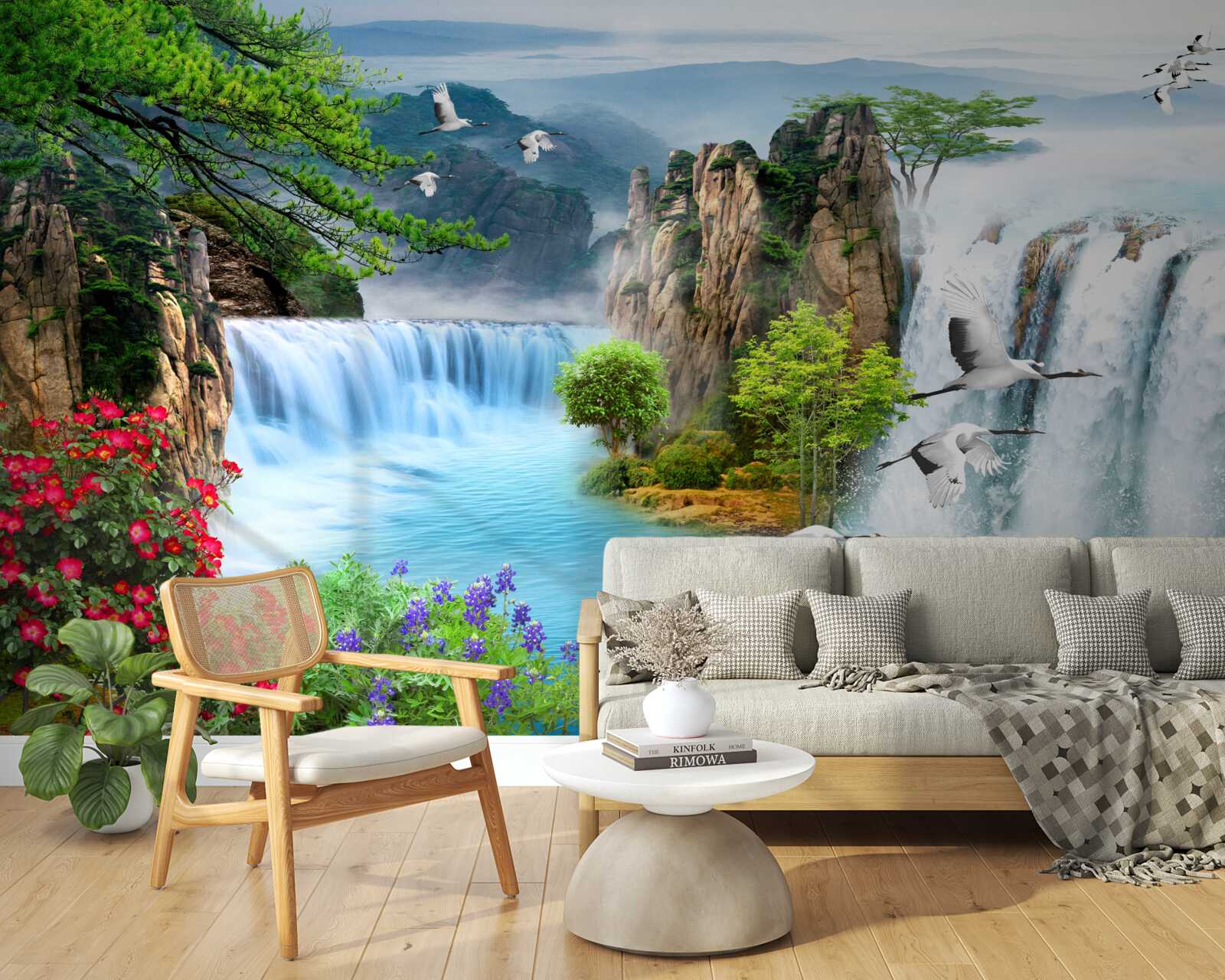 Fototapet pe un fundal verde, apusul de soare luminează frumoasele cascade