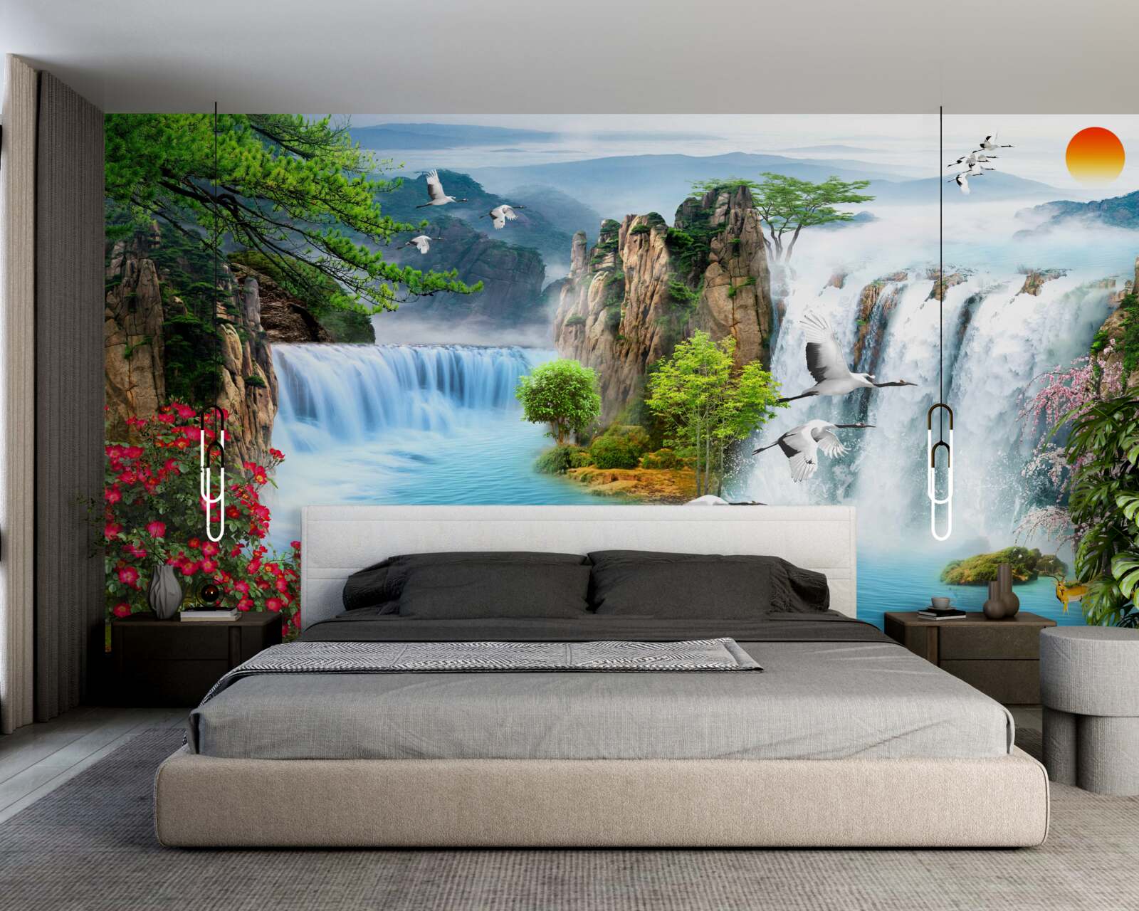 Fototapet pe un fundal verde, apusul de soare luminează frumoasele cascade