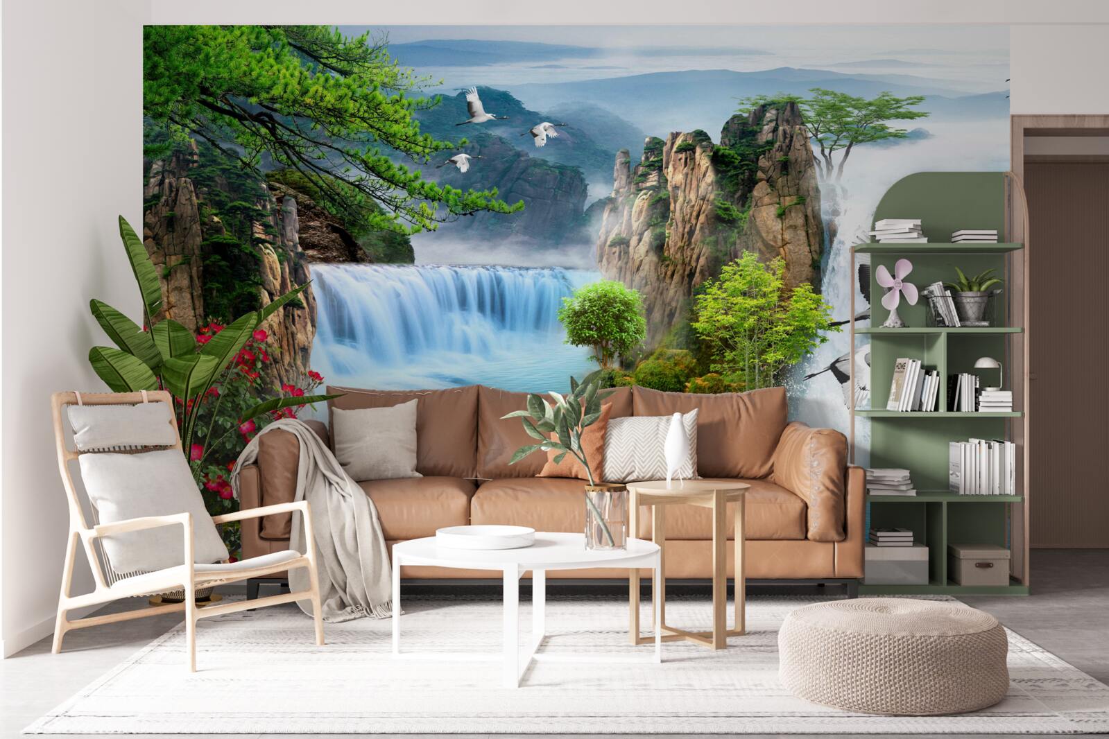 Fototapet pe un fundal verde, apusul de soare luminează frumoasele cascade