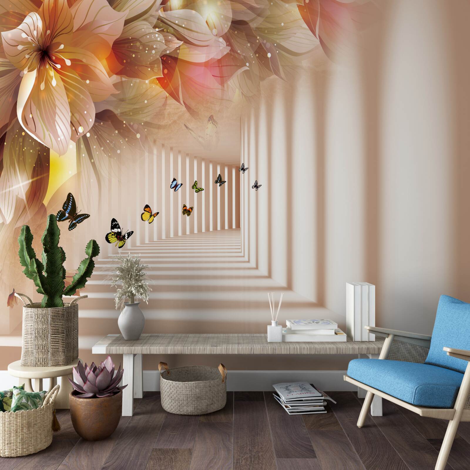 Fototapet fluturii părăsesc florile proaspete și se îndreaptă spre tunel