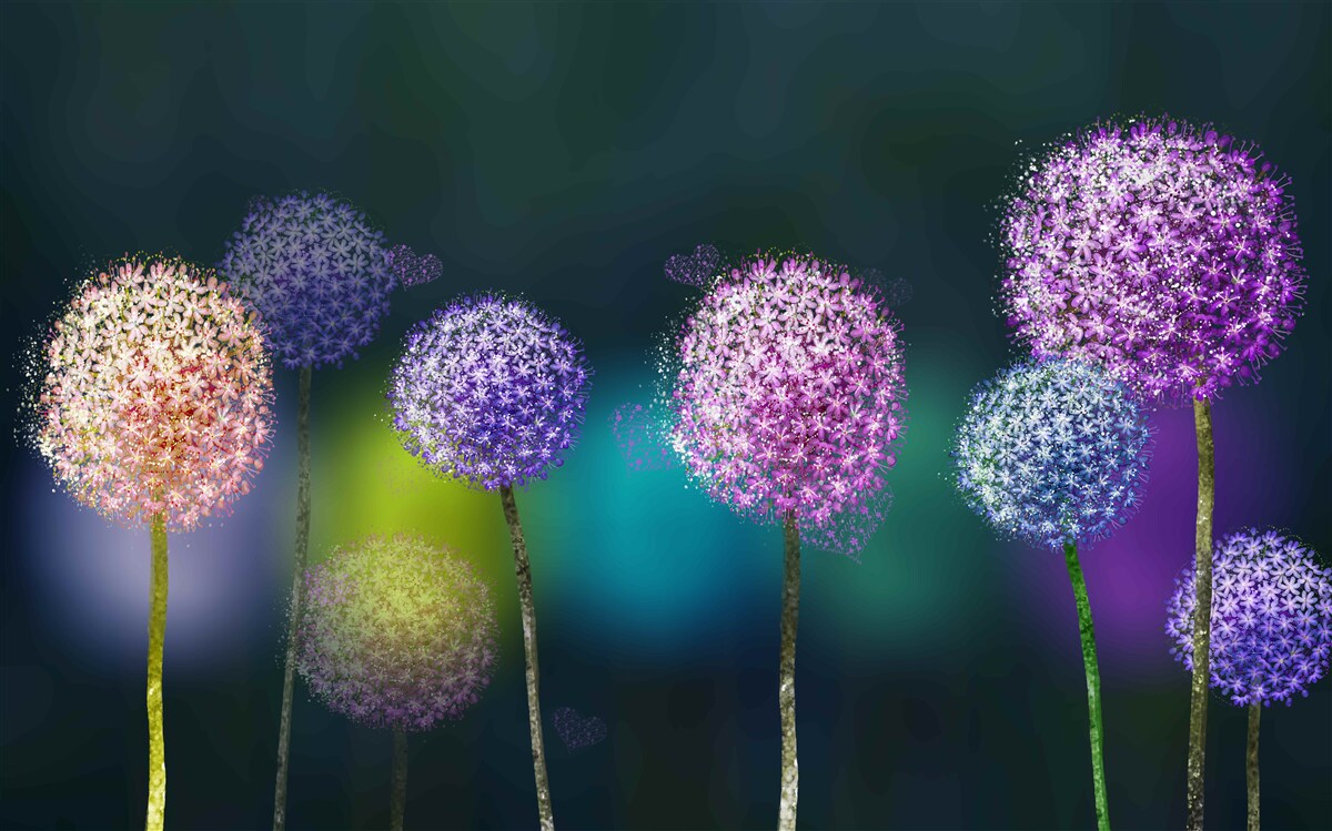 Fototapet abstracție de păpădii colorate sub acoperirea nopții