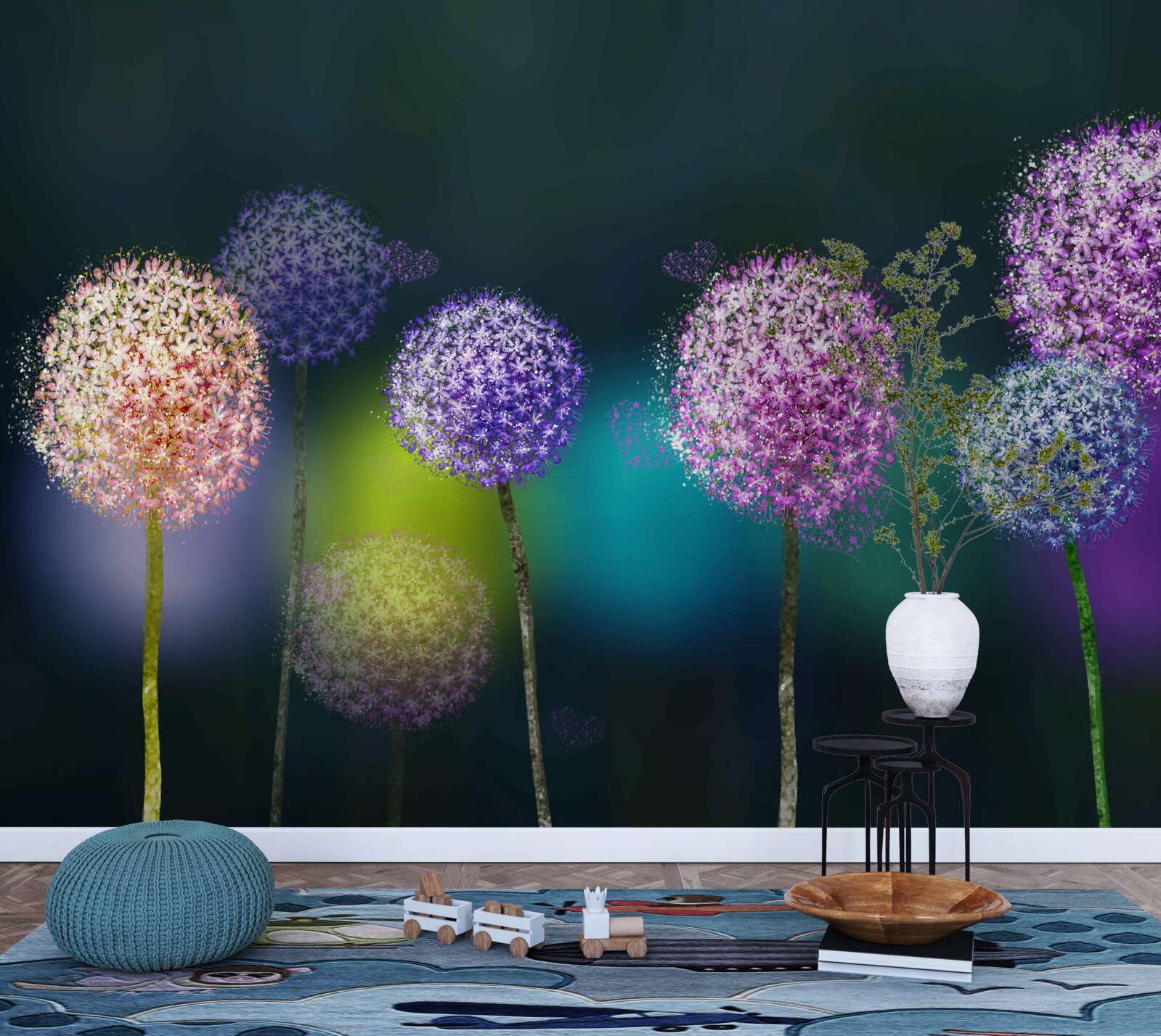 Fototapet abstracție de păpădii colorate sub acoperirea nopții