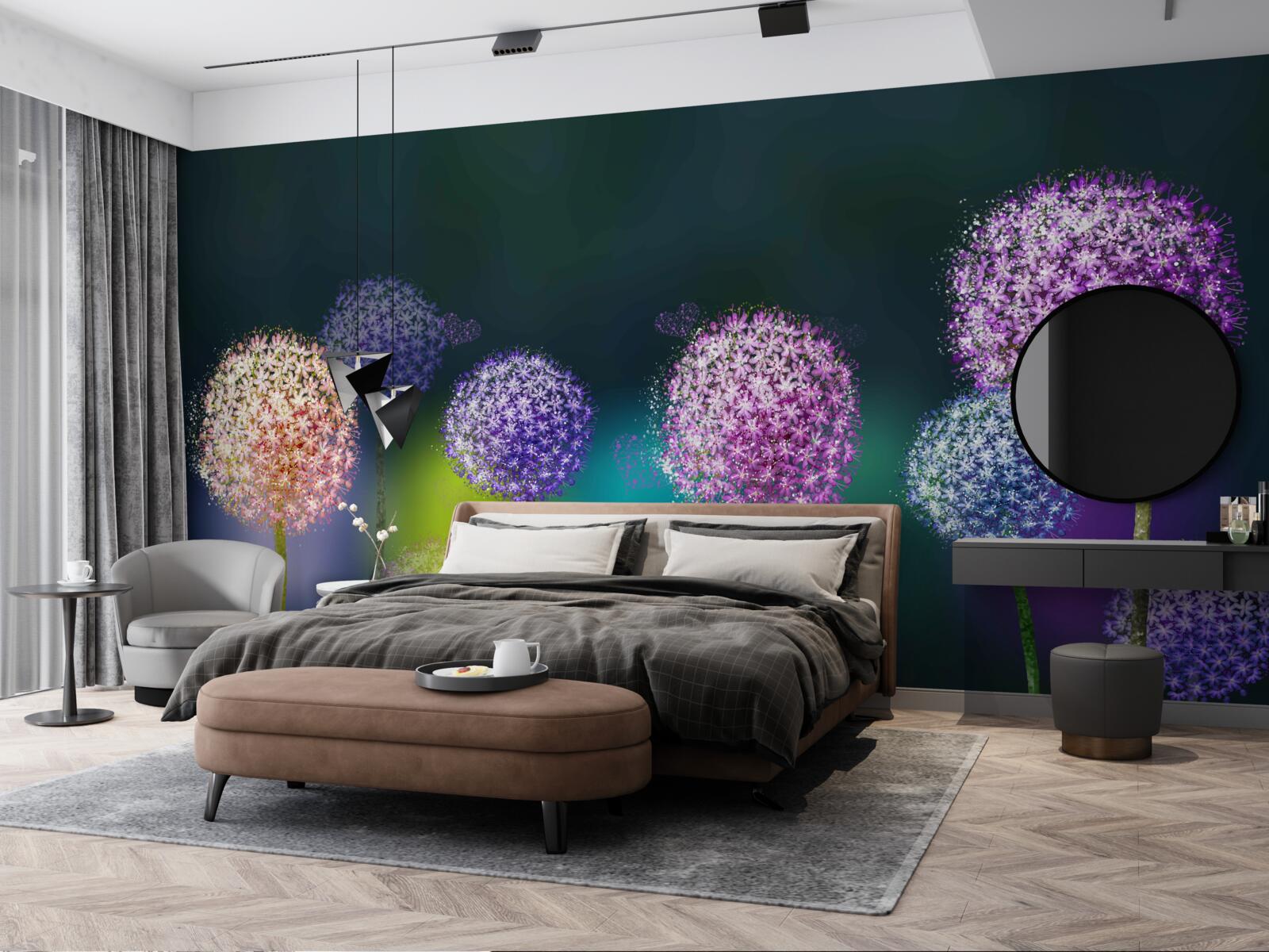 Fototapet abstracție de păpădii colorate sub acoperirea nopții