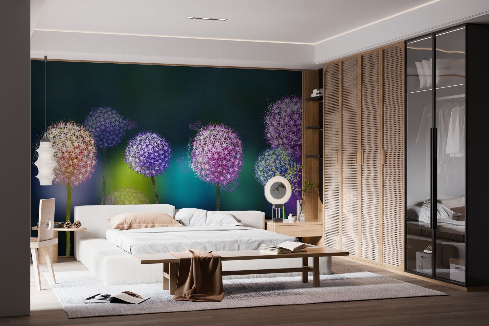 Fototapet abstracție de păpădii colorate sub acoperirea nopții