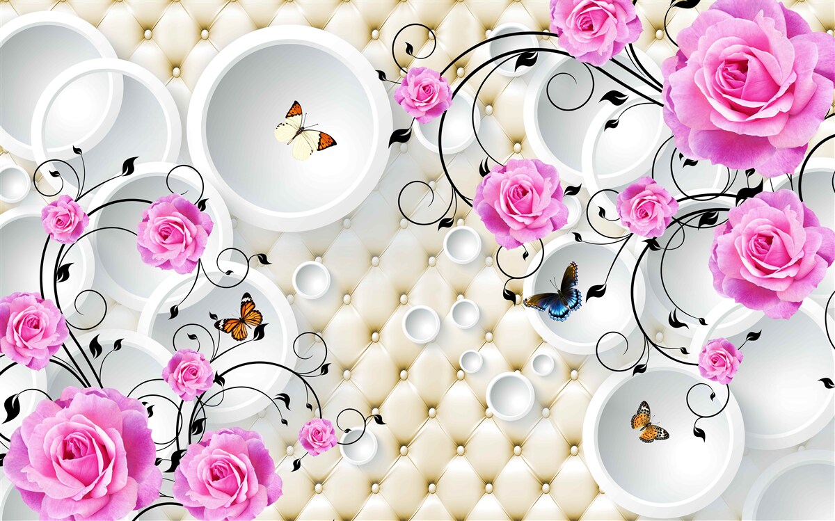 Fototapet trandafiri roz și fluturi pe un fundal de cercuri abstracte
