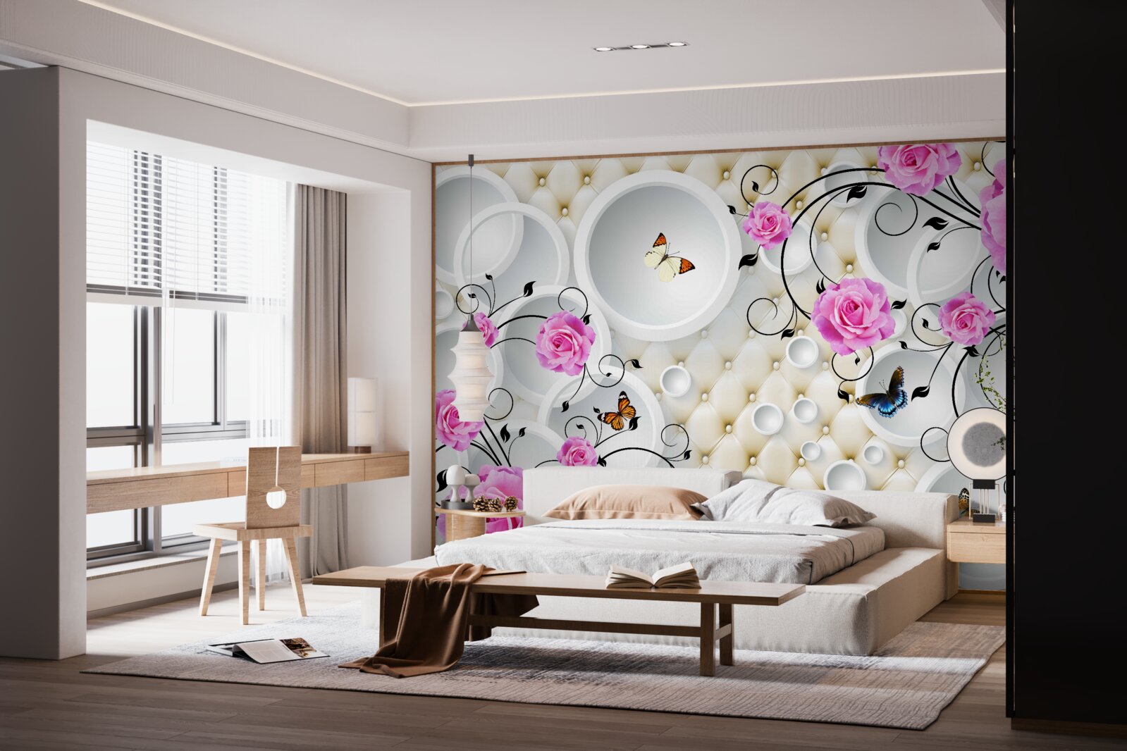 Fototapet trandafiri roz și fluturi pe un fundal de cercuri abstracte