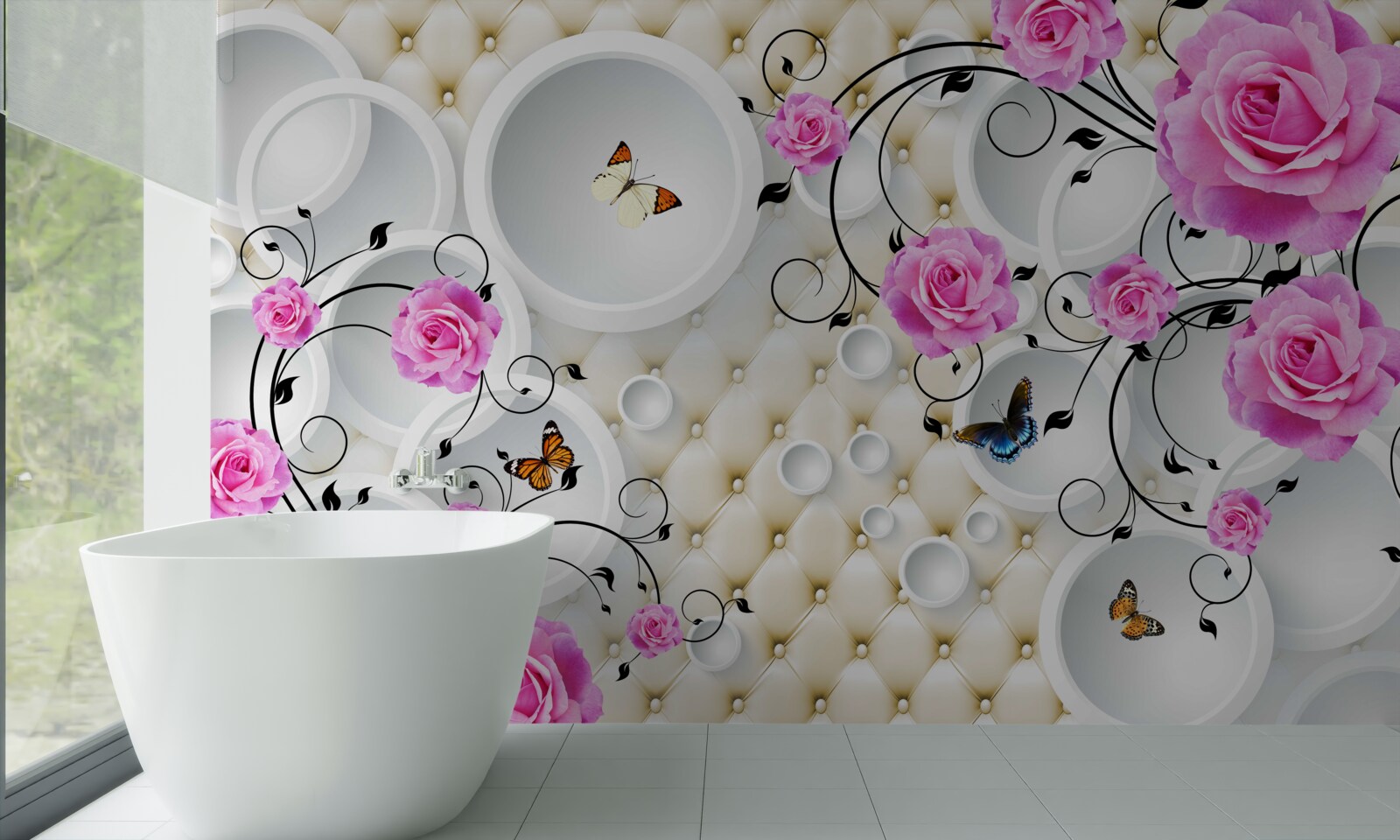 Fototapet trandafiri roz și fluturi pe un fundal de cercuri abstracte