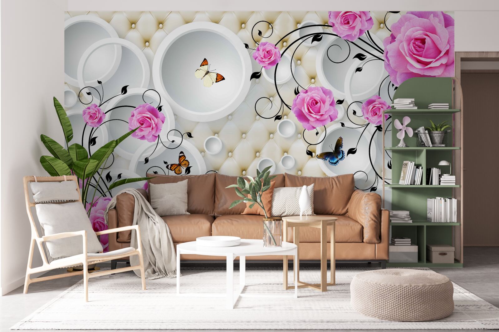 Fototapet trandafiri roz și fluturi pe un fundal de cercuri abstracte