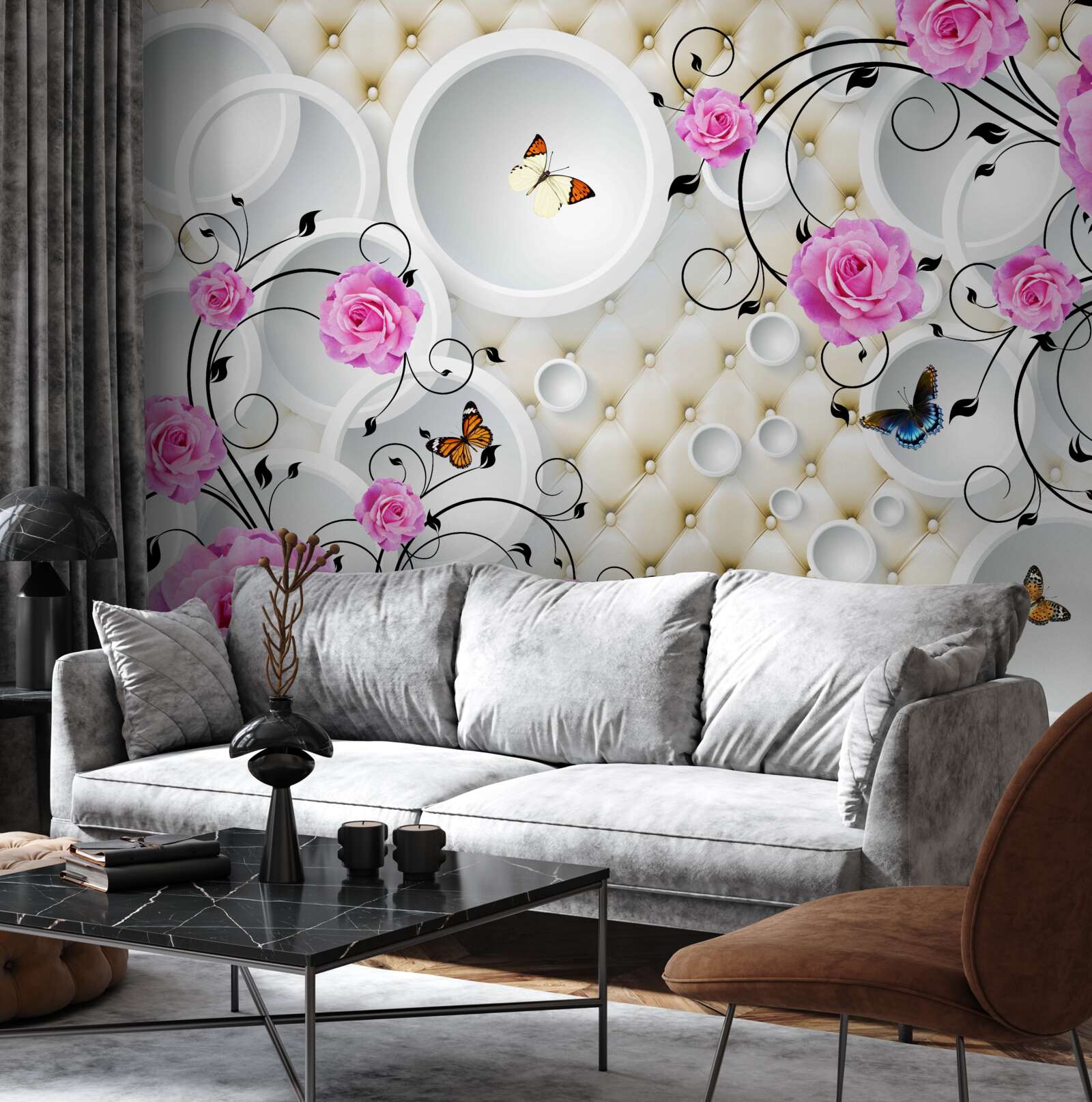 Fototapet trandafiri roz și fluturi pe un fundal de cercuri abstracte