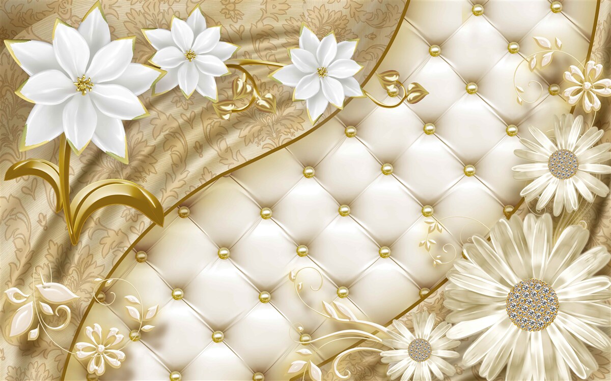 Fototapet țesătură decorată cu perle, flori albe și accente aurii