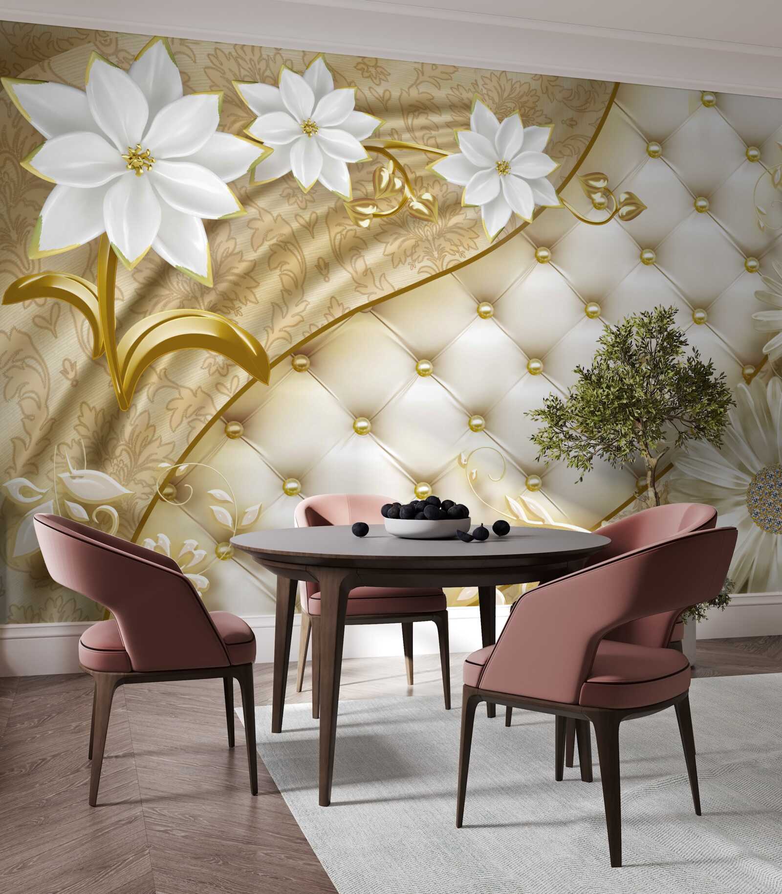 Fototapet țesătură decorată cu perle, flori albe și accente aurii