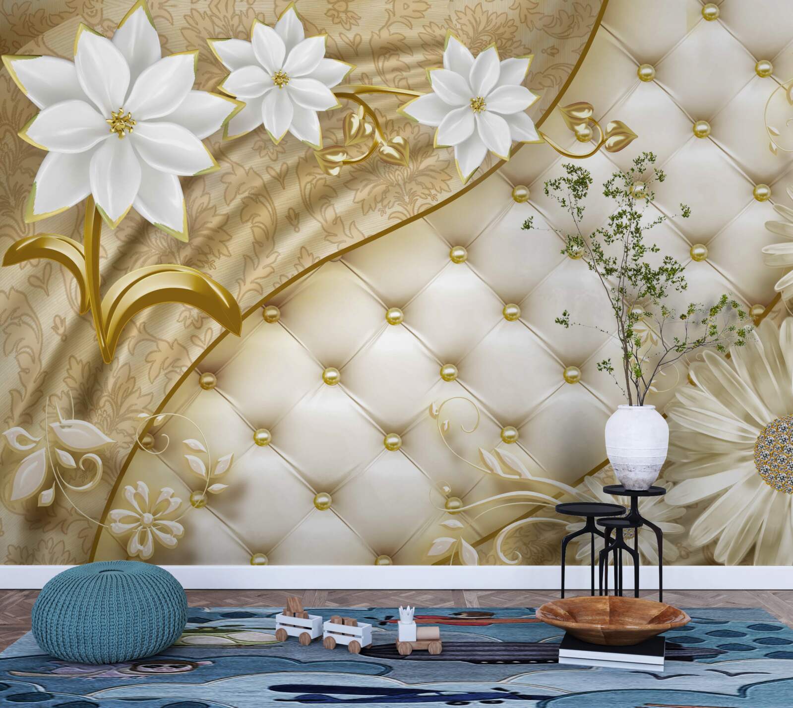 Fototapet țesătură decorată cu perle, flori albe și accente aurii
