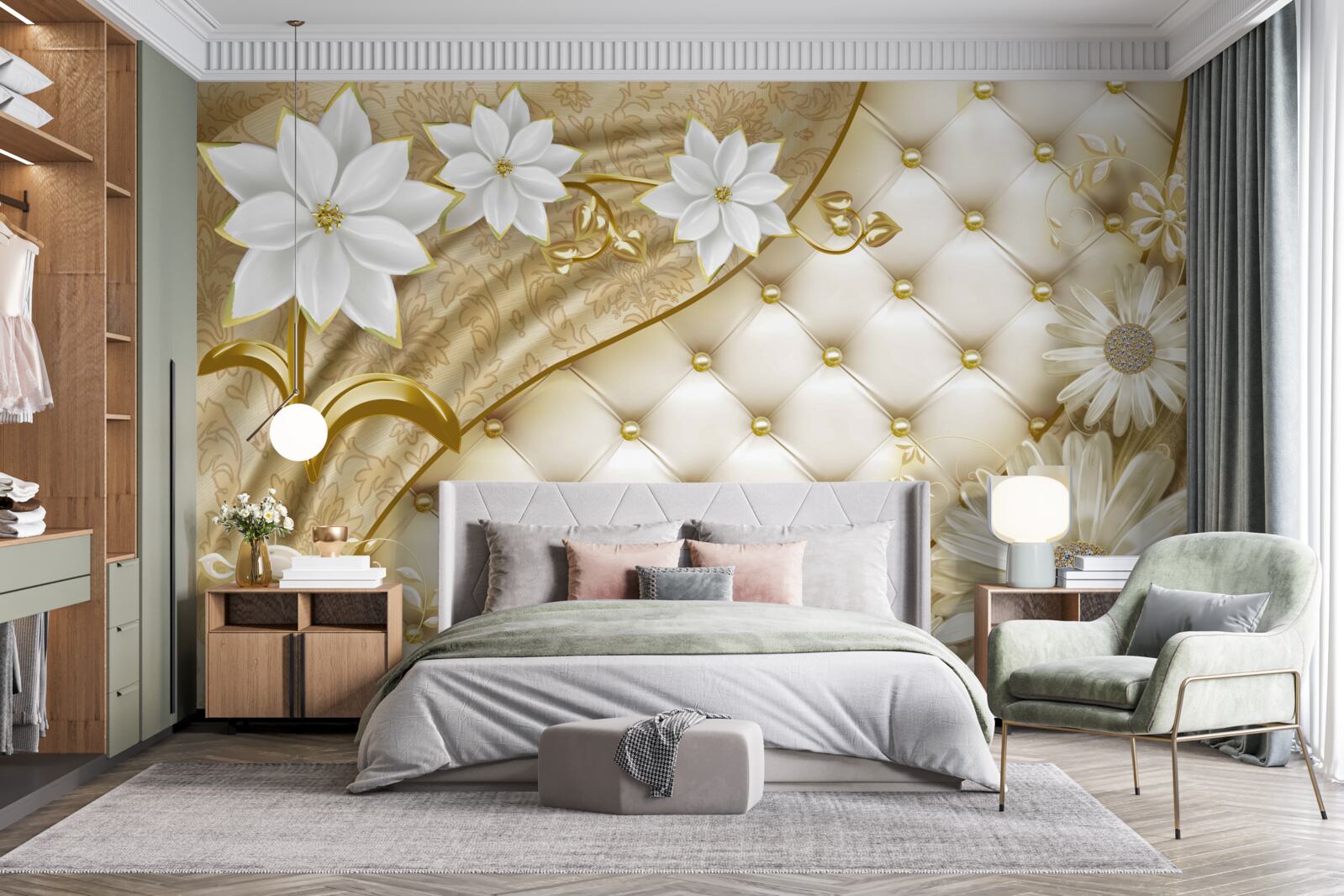 Fototapet țesătură decorată cu perle, flori albe și accente aurii