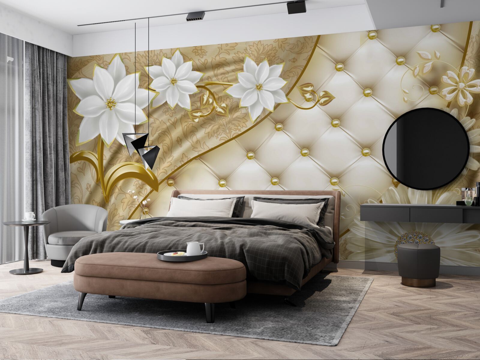 Fototapet țesătură decorată cu perle, flori albe și accente aurii