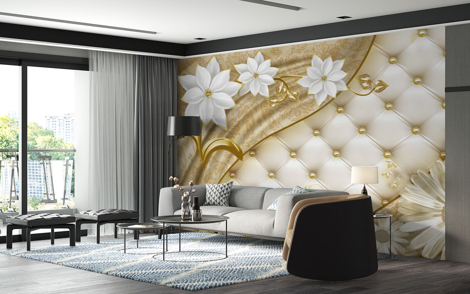 Fototapet țesătură decorată cu perle, flori albe și accente aurii