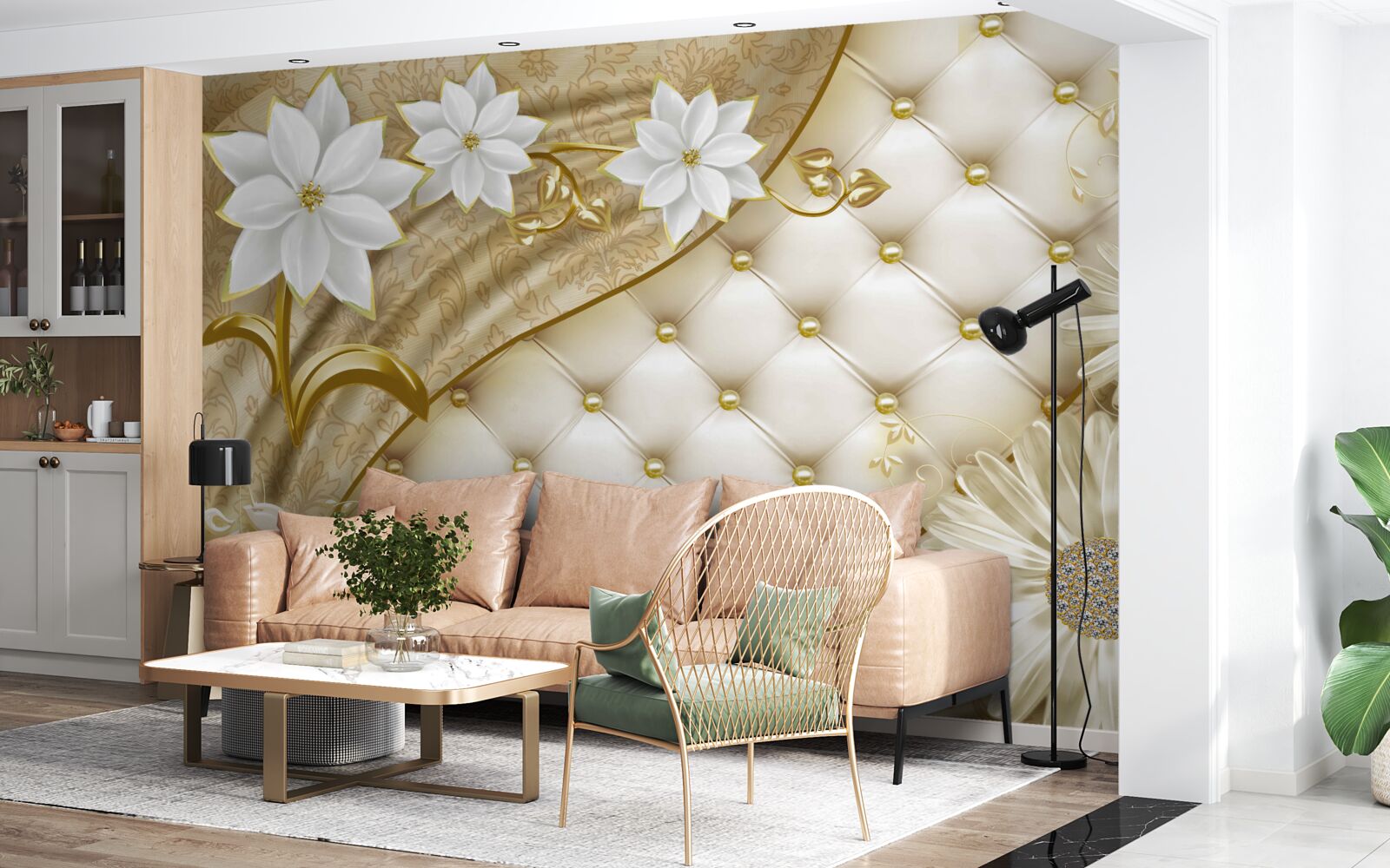 Fototapet țesătură decorată cu perle, flori albe și accente aurii