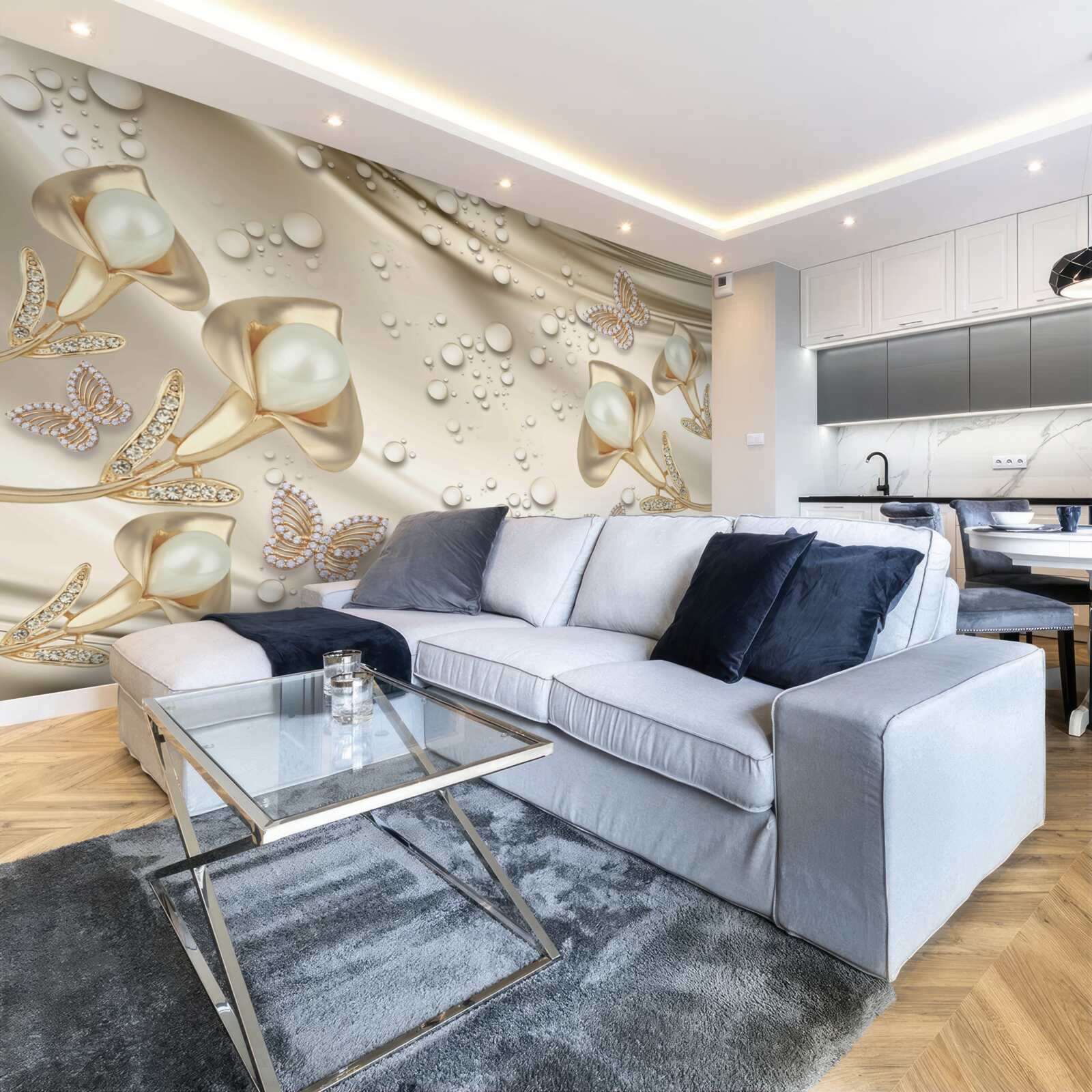 Fototapet perle în aur cu pietre prețioase pe fir de mătase