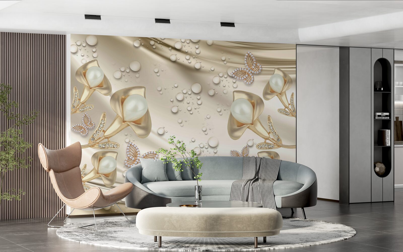 Fototapet perle în aur cu pietre prețioase pe fir de mătase