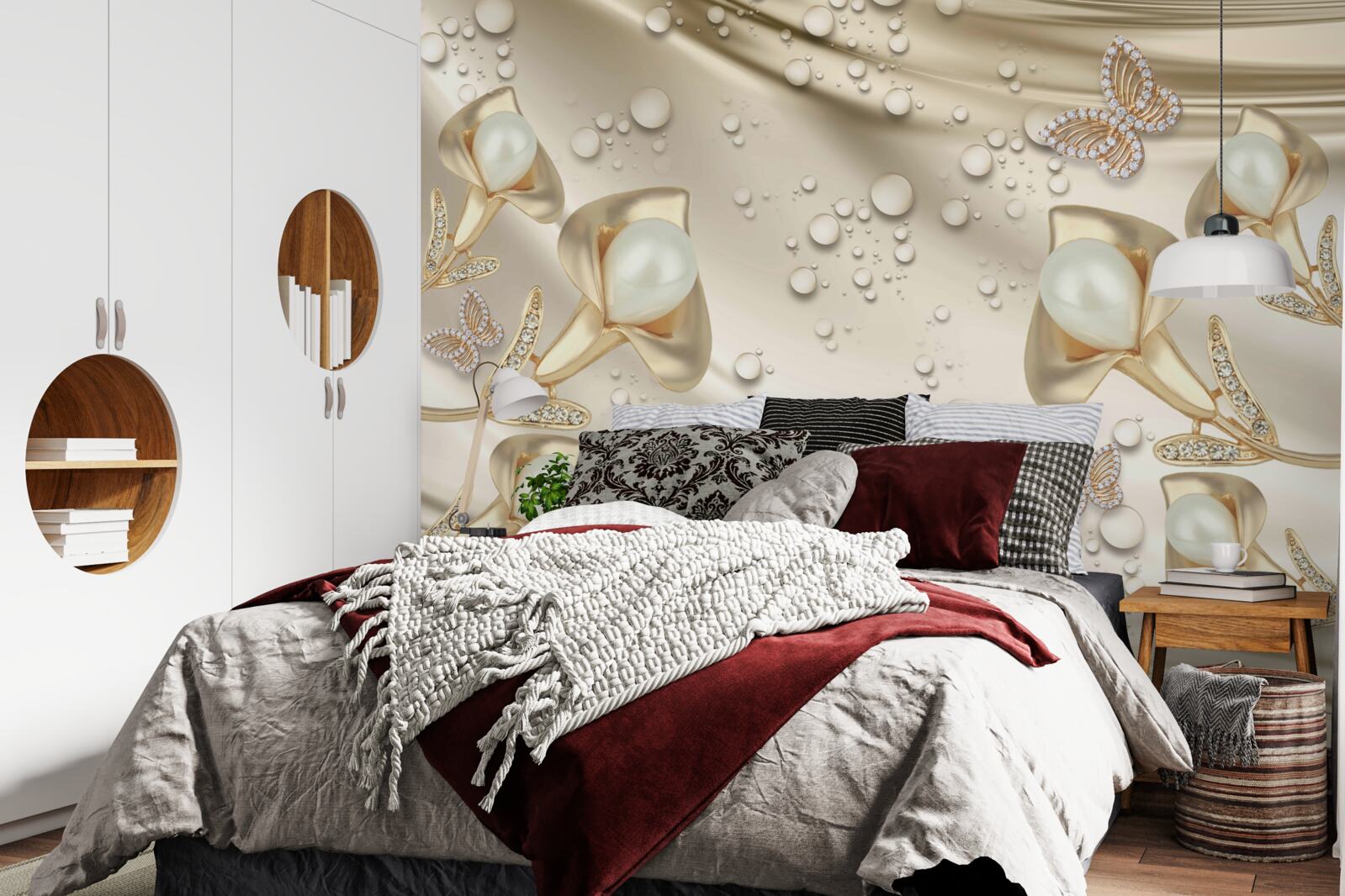 Fototapet perle în aur cu pietre prețioase pe fir de mătase