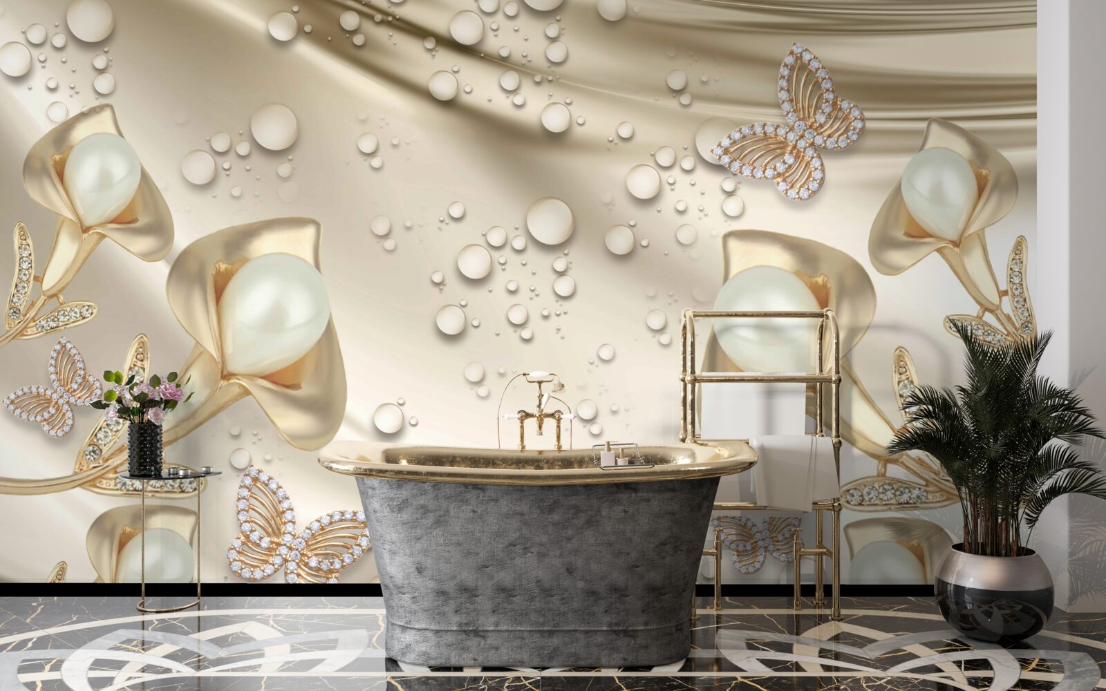 Fototapet perle în aur cu pietre prețioase pe fir de mătase