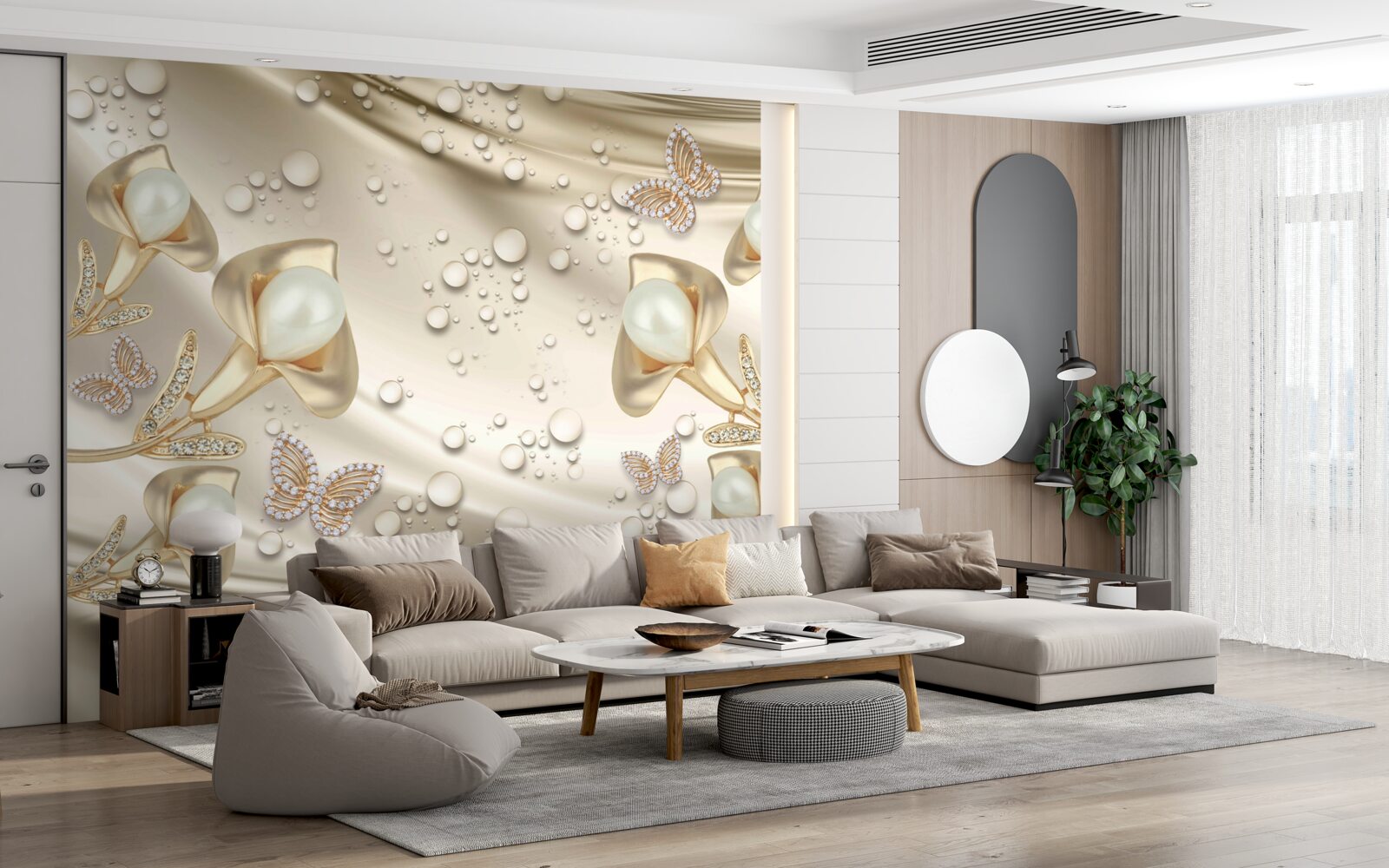 Fototapet perle în aur cu pietre prețioase pe fir de mătase