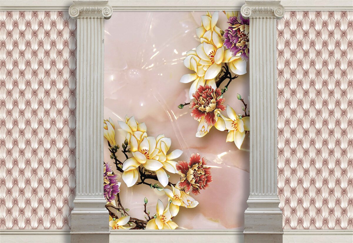 Fototapet arcuri înalte antice și flori aurii