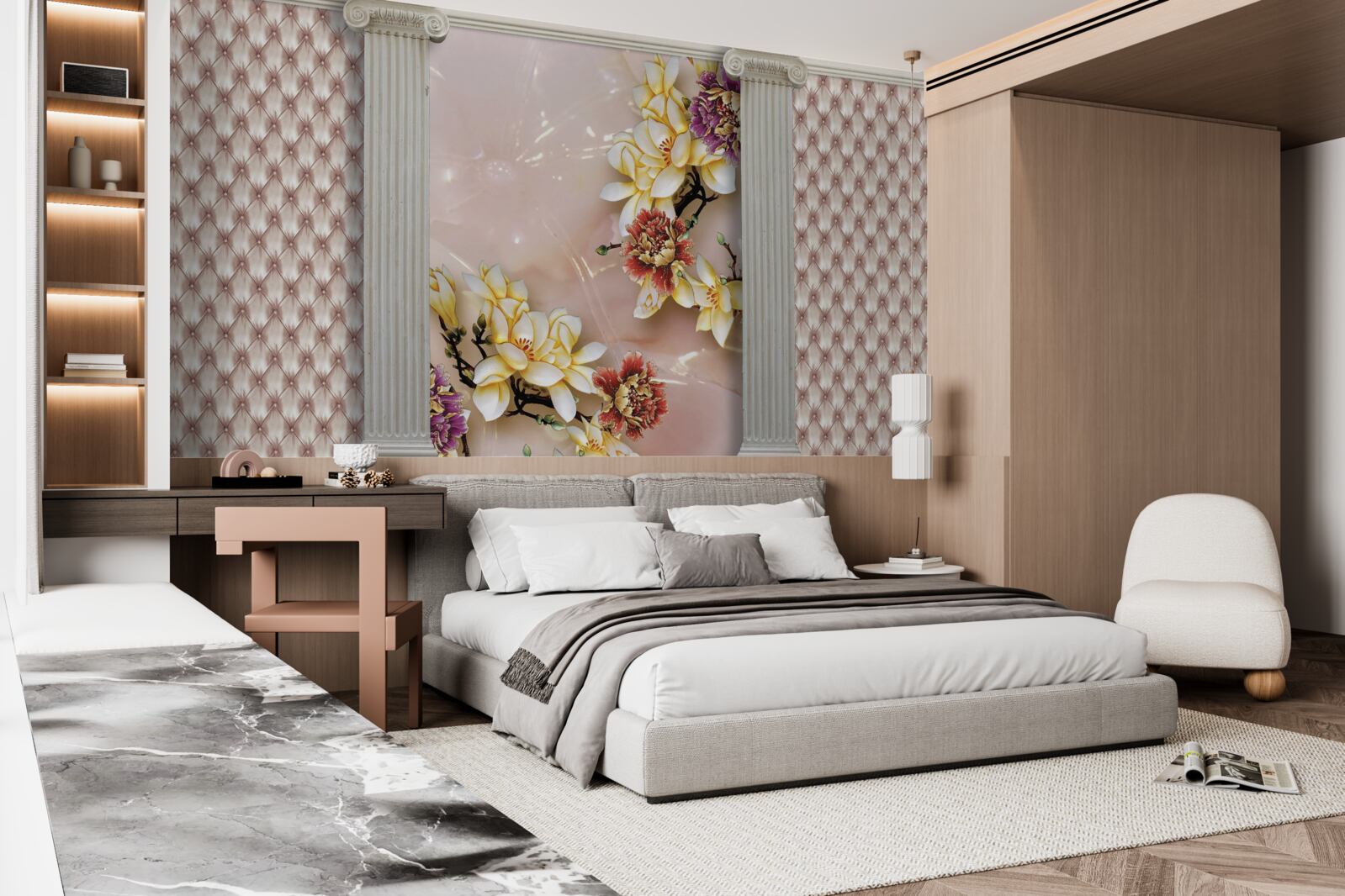 Fototapet arcuri înalte antice și flori aurii