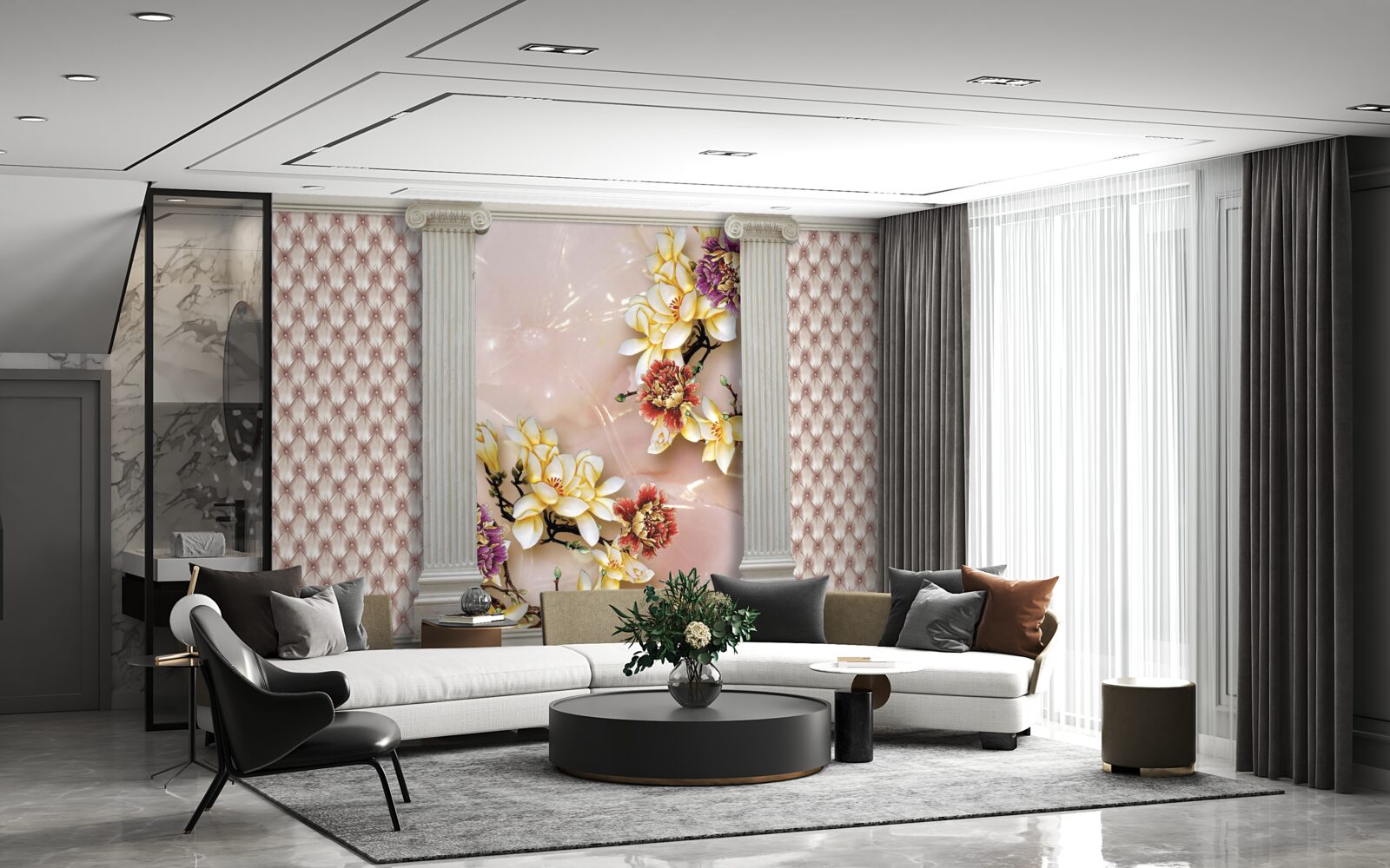 Fototapet arcuri înalte antice și flori aurii