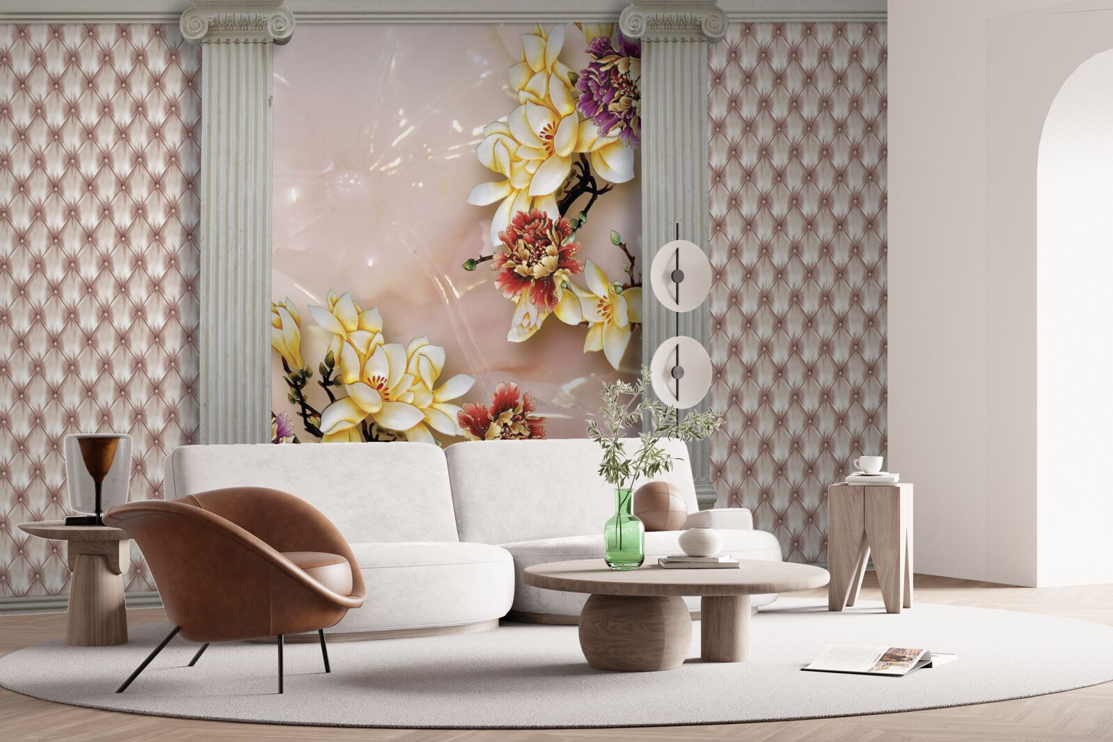 Fototapet arcuri înalte antice și flori aurii